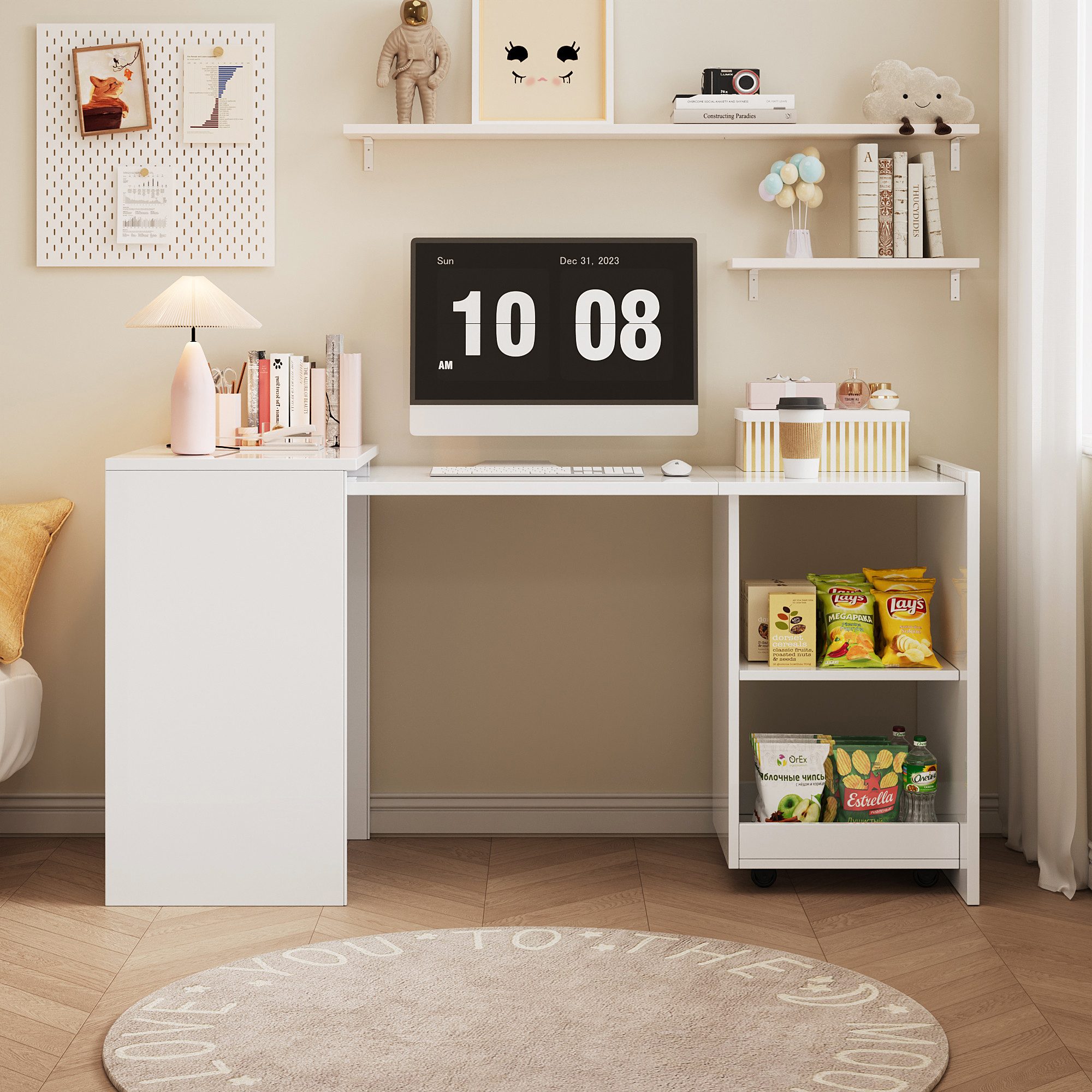 Merax Schreibtisch 2-in-1 Klapptisch auf Rollen (1-St., Multifunktionaler Schreibtisch, Schrank), mit Offenen Regalen, Computertisch, Bürotisch