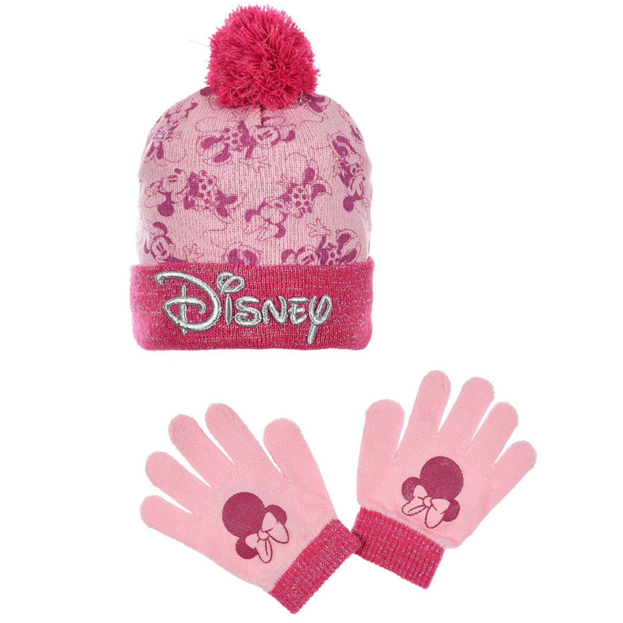 Rosa (2-St) Kinder Bommelmütze tlg Disney Handschuhe plus Maus Herbst Set Minnie 2 Disney Wintermütze Bestickt