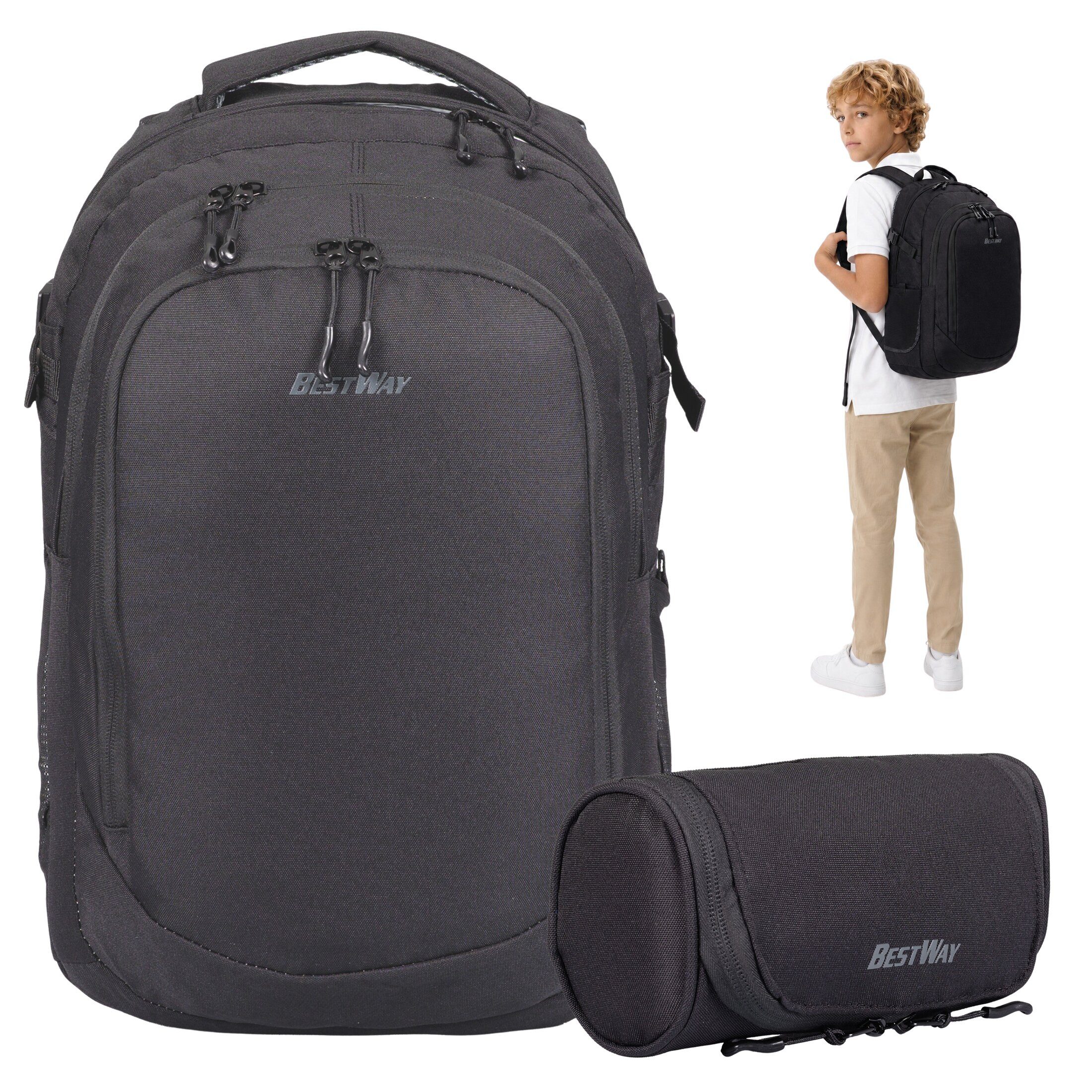 BESTWAY Schulrucksack Mädchen Jungen Schultasche Schulmappe Rucksack (2 Teile Set: Schulrucksack + Mäppchen), Schulrucksackset Mappe Campus Evo 2T Set 40352 rm