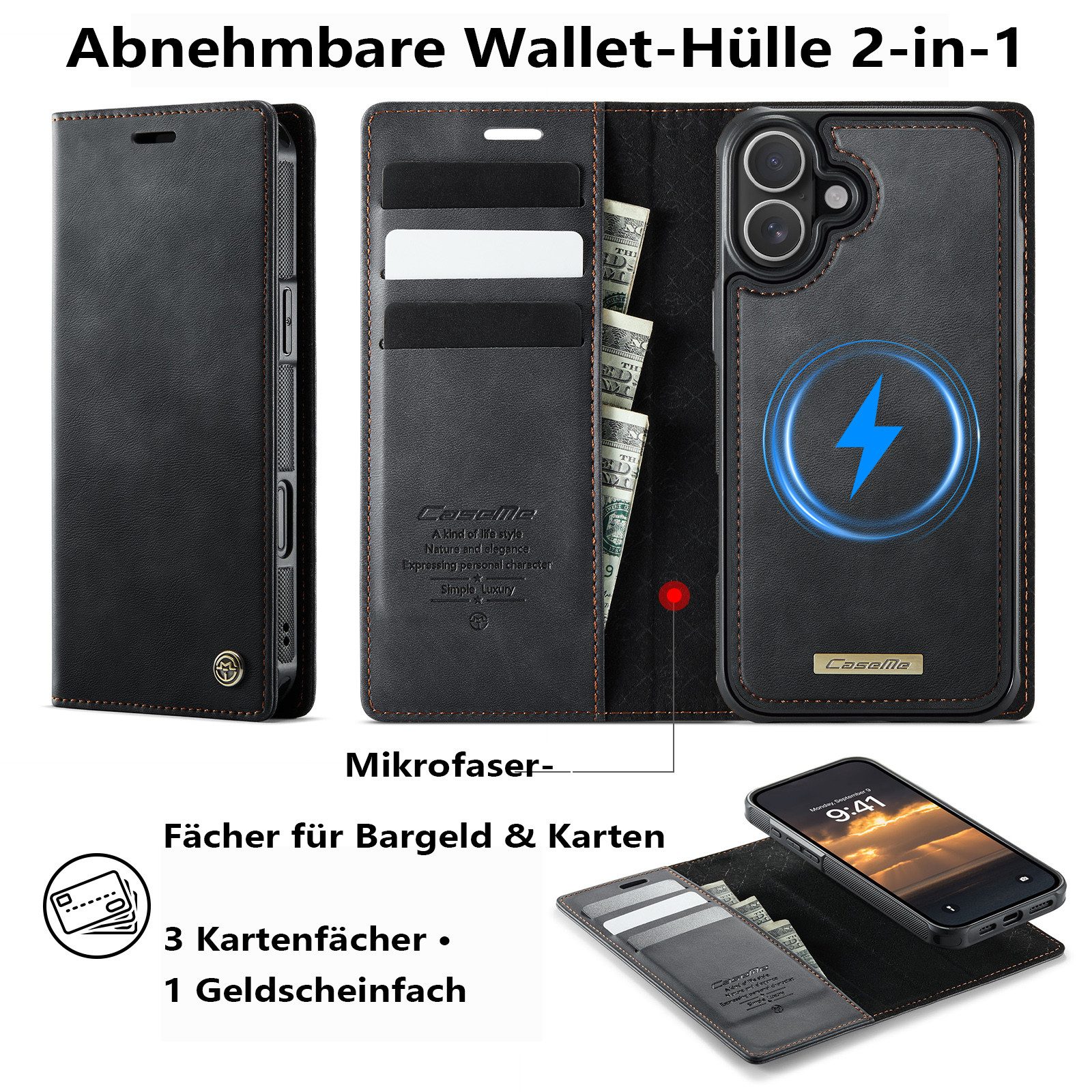 Cachito Handyhülle Hülle für iPhone 17/16, Echtleder Handyhülle,2 IN 1 Magnet Klapphülle, Abnehmbare Handyhülle mit kabellosem Laden, 3 Kartenfächern & Ständer – Bild 2 von 5