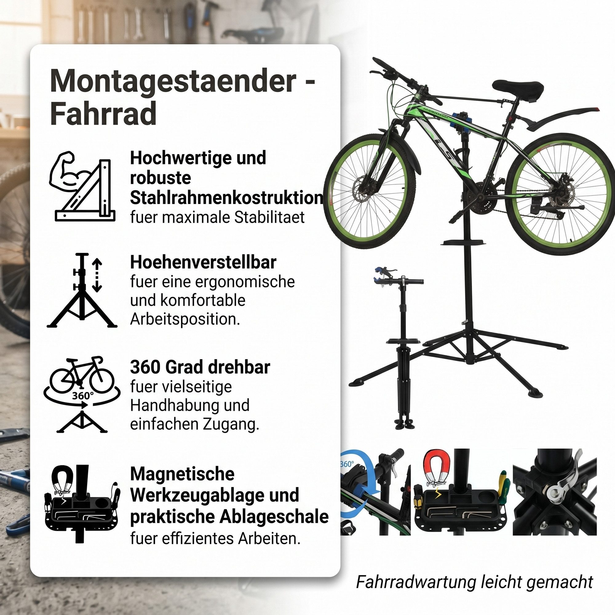 Mucola Fahrrad-Montageständer Fahrradmontageständer 360° drehbar höhenverstellbar Reparaturständer (Stück, 1-tlg., Montageständer), Lackschonend