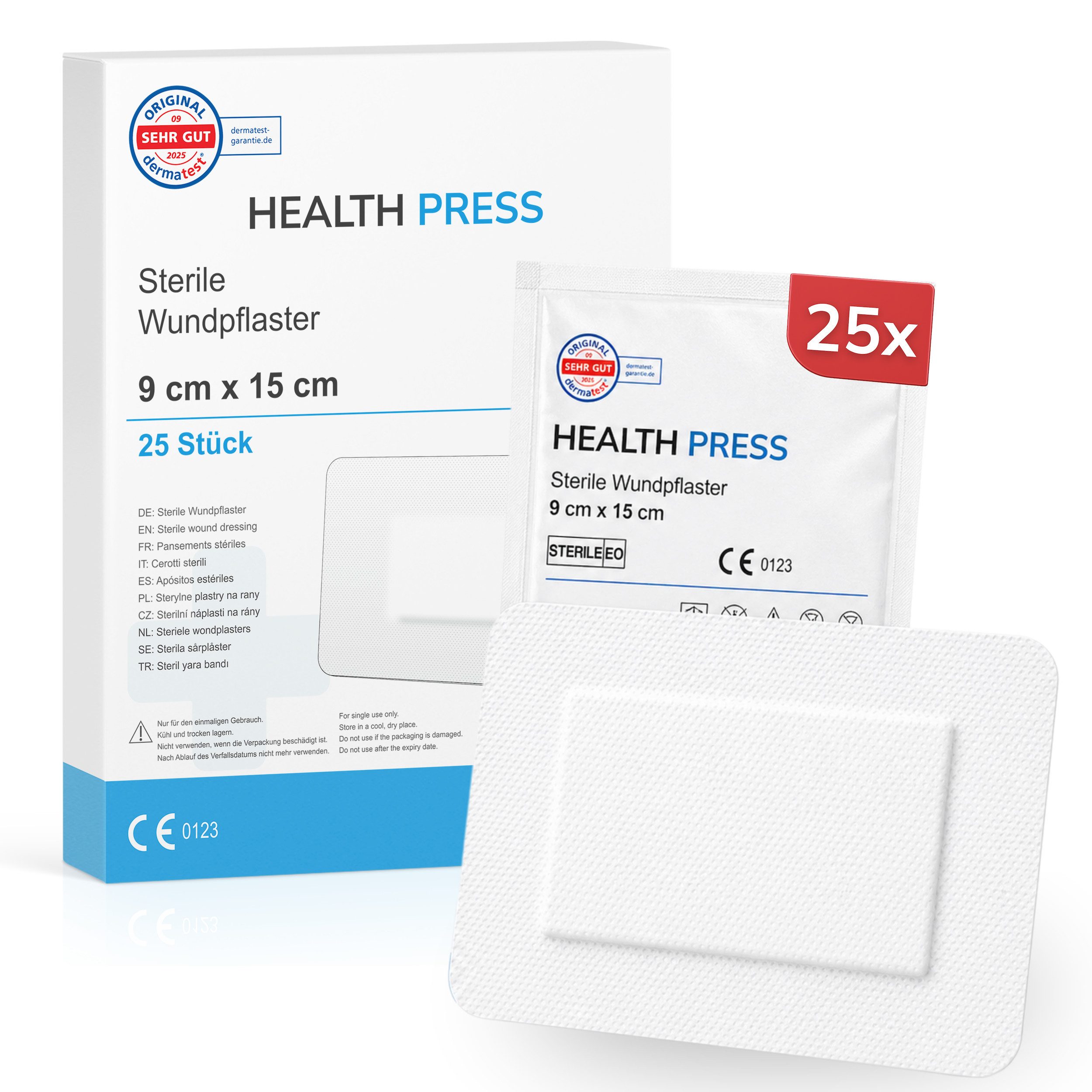 Health Press Wundpflaster steril - große Pflaster zur Wundversorgung (25 St., 50 Stück 6x7cm, 25 Stück 9x10cm, 25 Stück 9x15cm), Derma-Test: SEHR GUT