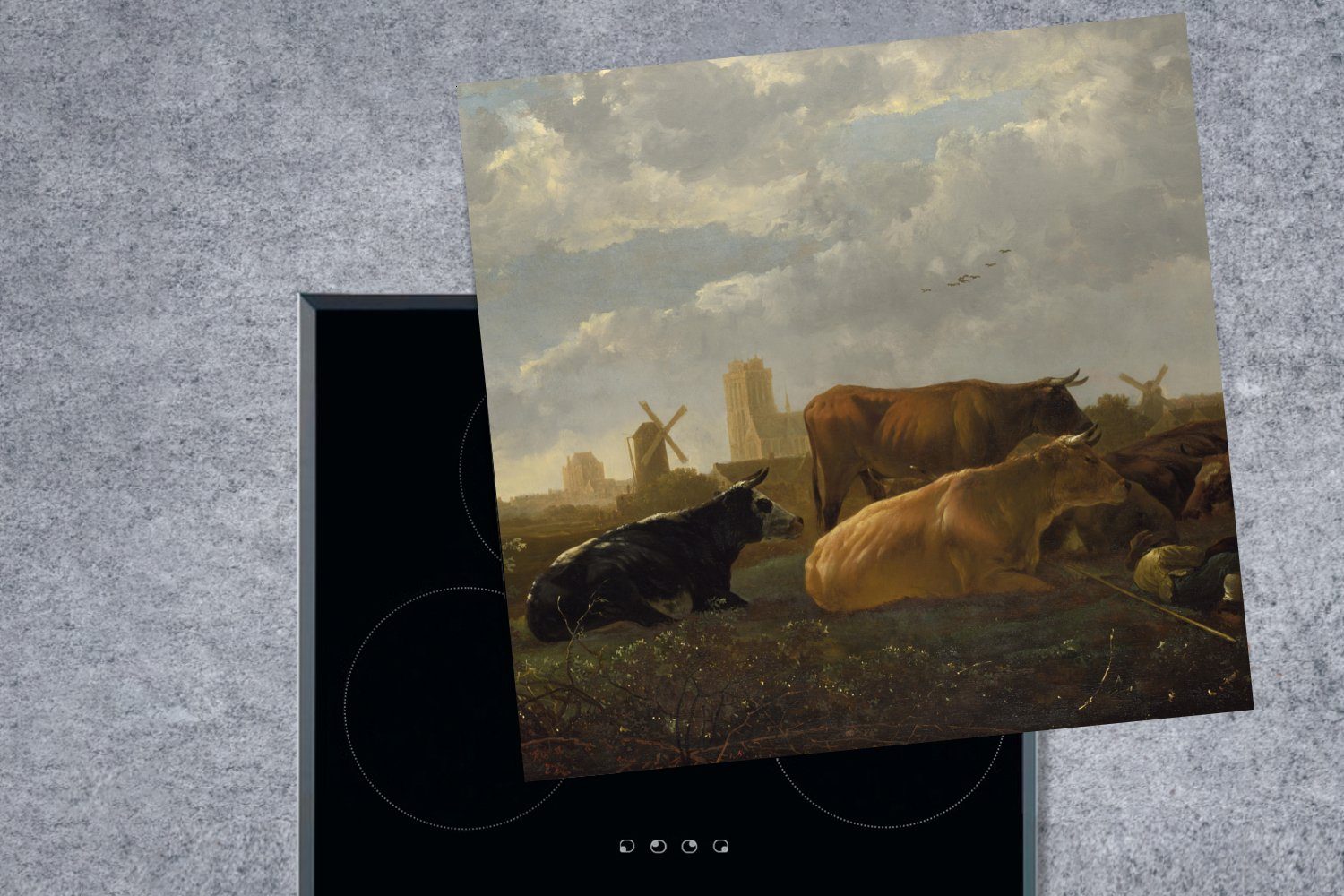 MuchoWow 78x78 Kühen Ceranfeldabdeckung, und Aelbert, fünf Ansicht cm, - Dordrecht schlafendem mit Herdblende-/Abdeckplatte von Hirten (1 für Vinyl, Arbeitsplatte küche tlg),