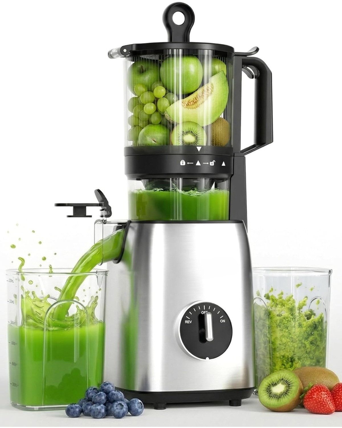 Kismile Entsafter Slow Juicer mit 135mm extra großem Einfüllschacht, 300 W, Leicht zu reinigen, Entsafter für ganzes Obst und Gemüse