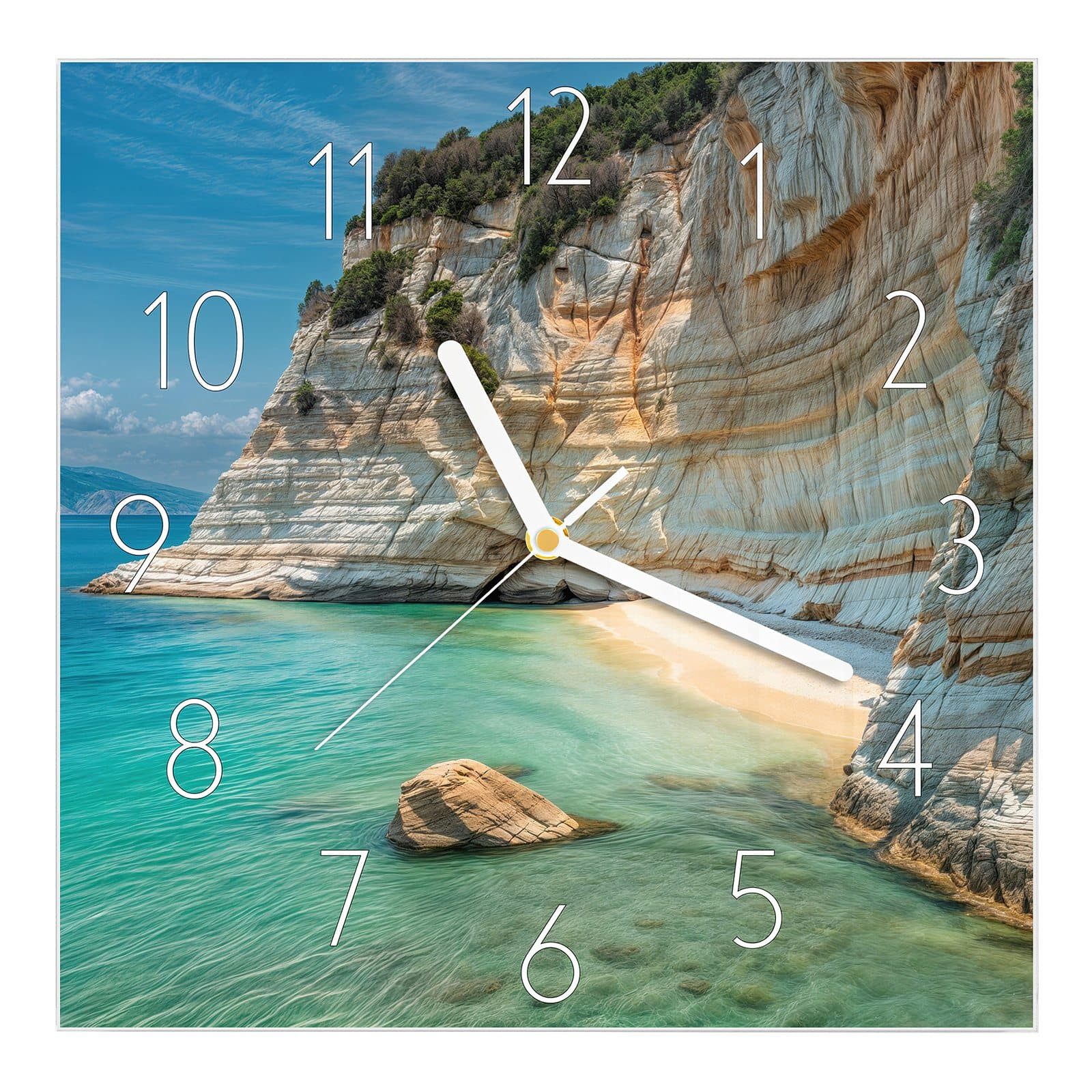 Wanduhr Glasuhr Wanduhr Wandkunst Größe 30 x 30 cm mit Motiv Küstenparadies