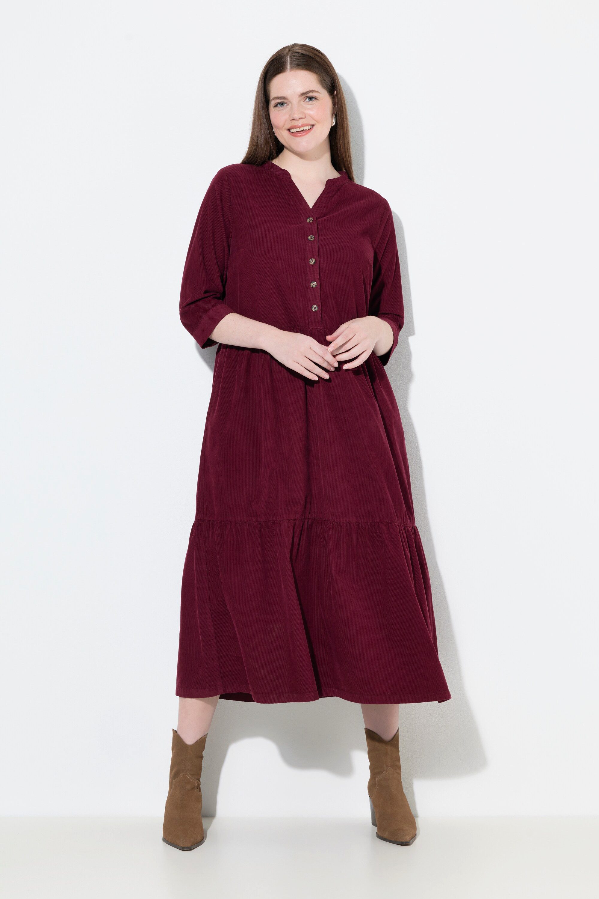 Ulla Popken Midikleid Cord-Maxikleid Stehkragen V-Ausschnitt günstig online kaufen