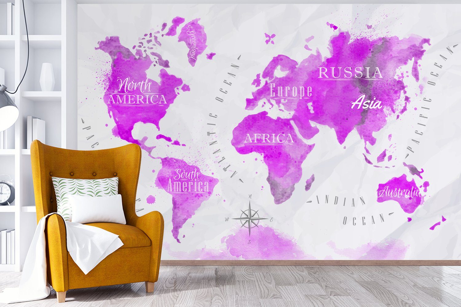 Rosa bedruckt, Wallpaper Weltkarte für Wohnzimmer, - Ölfarbe, (6 St), Fototapete Matt, Schlafzimmer, MuchoWow Vinyl - Kinderzimmer, Tapete