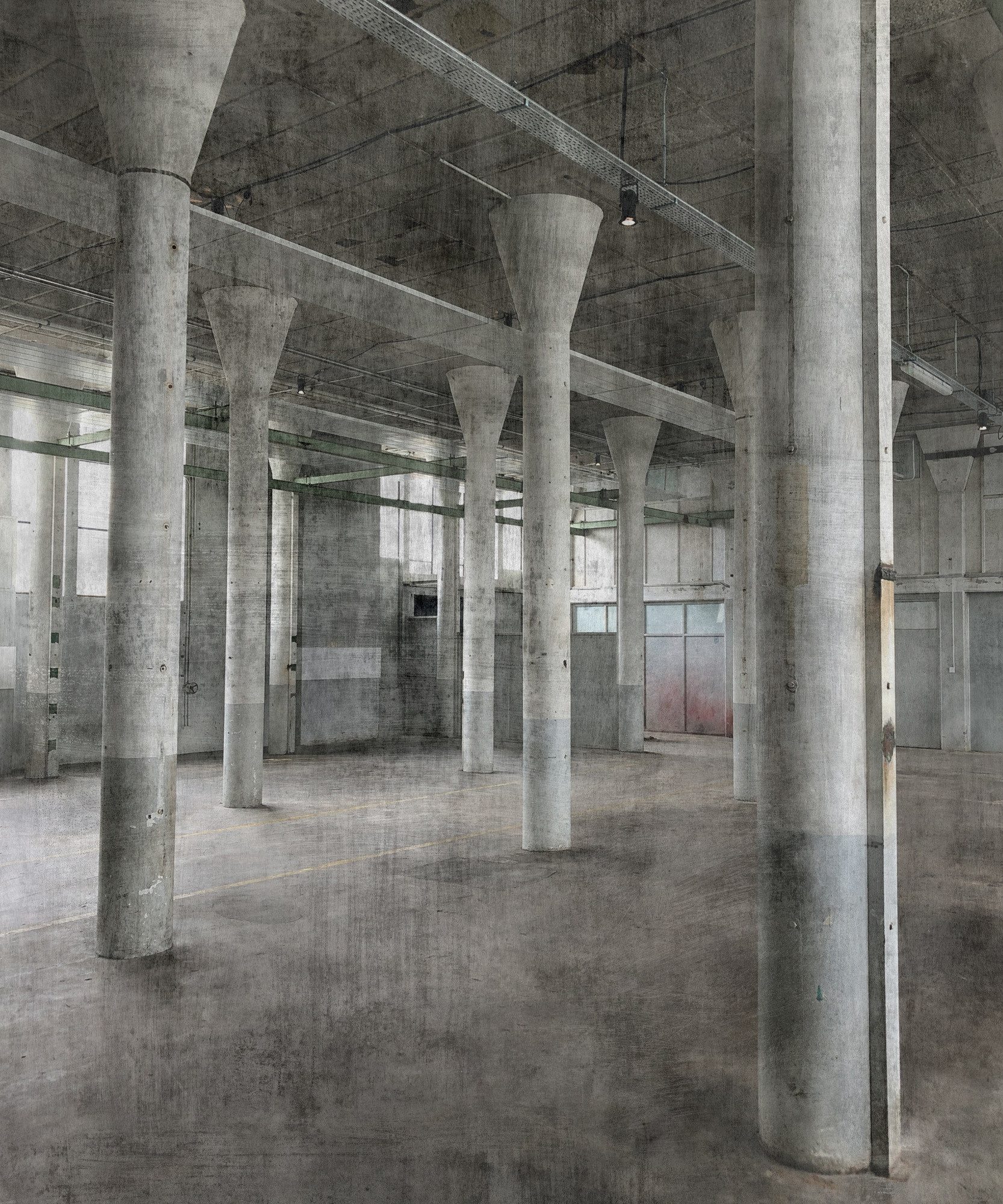 Rasch Fototapete Industriehalle aus Beton in Grau, glatt, urban, realistisch, (1 Rolle, 1 St), 300 cm x 250 cm