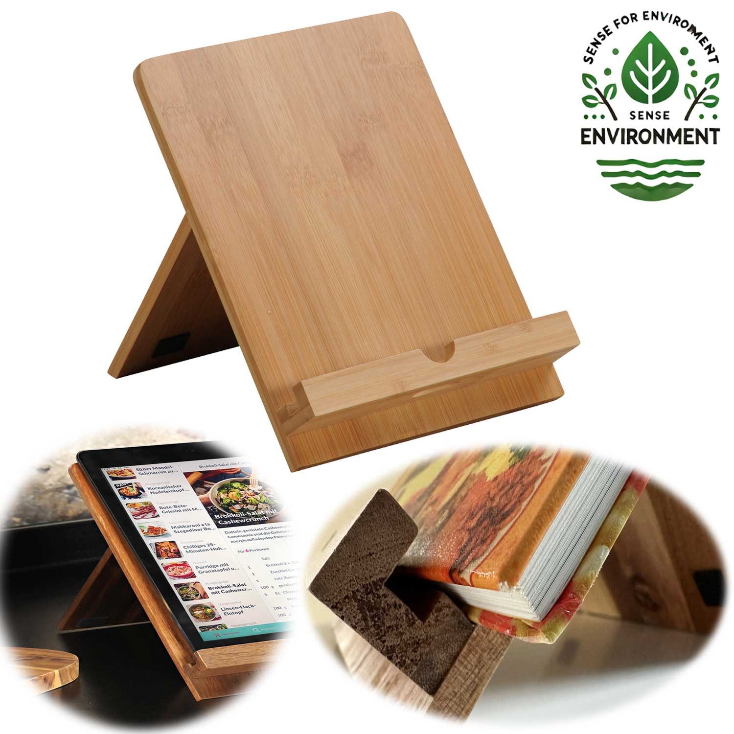 LS-LebenStil Buchstütze Holz Kochbuchhalter Bambus 23x18cm Braun Kochbuchständer (Kochbuchständer Buchhalter Ständer für Kochbücher Leseständer faltbar, 1 St., Tablett Halter Halterung passend für ipad und Tablett´s)