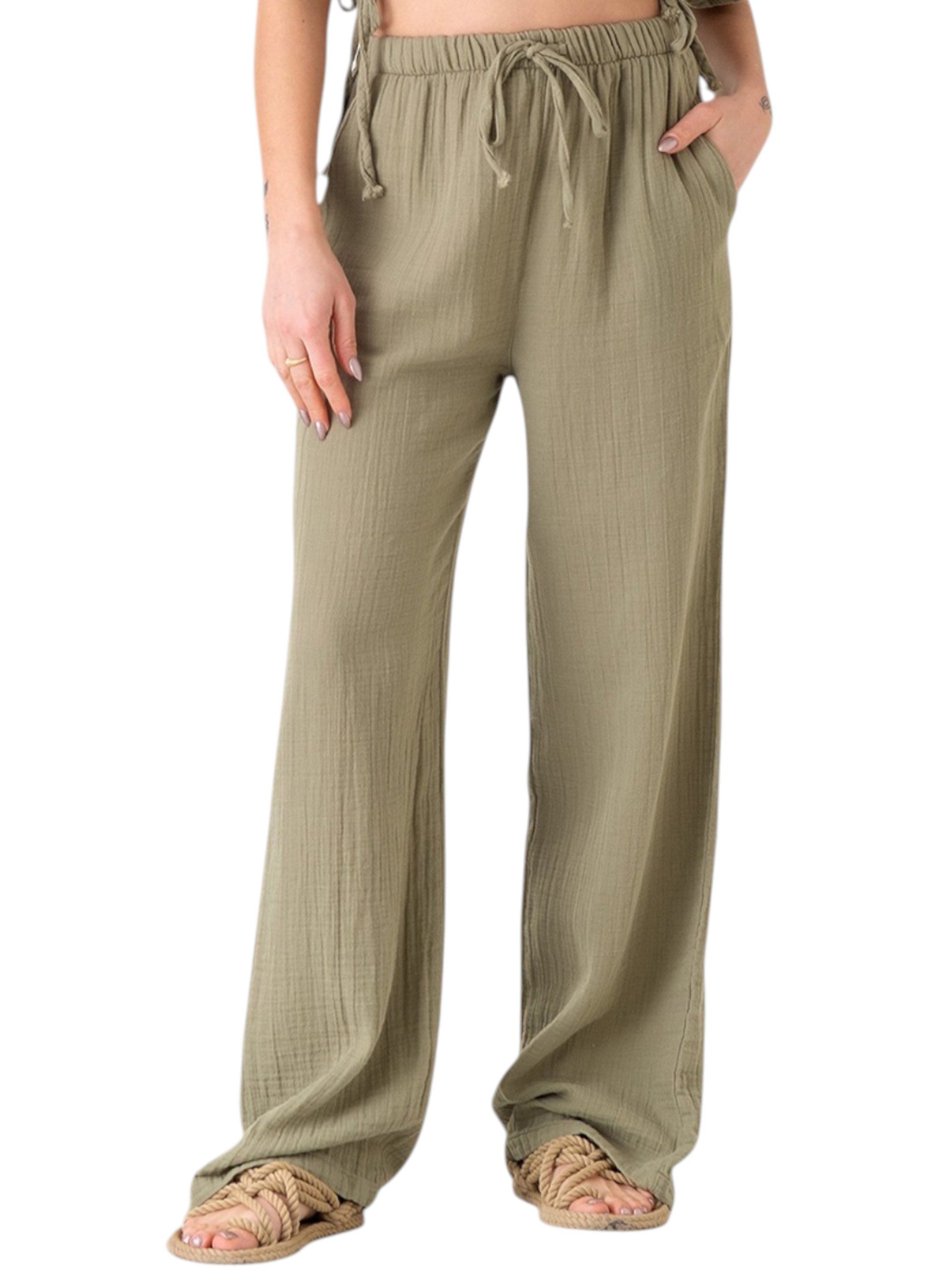 WENOR Palazzohose Damen Musselin Baumwolle Sommerhose mit Komfortbund 34-50 mit weitem Bein, Seitentaschen & Tunnelzug