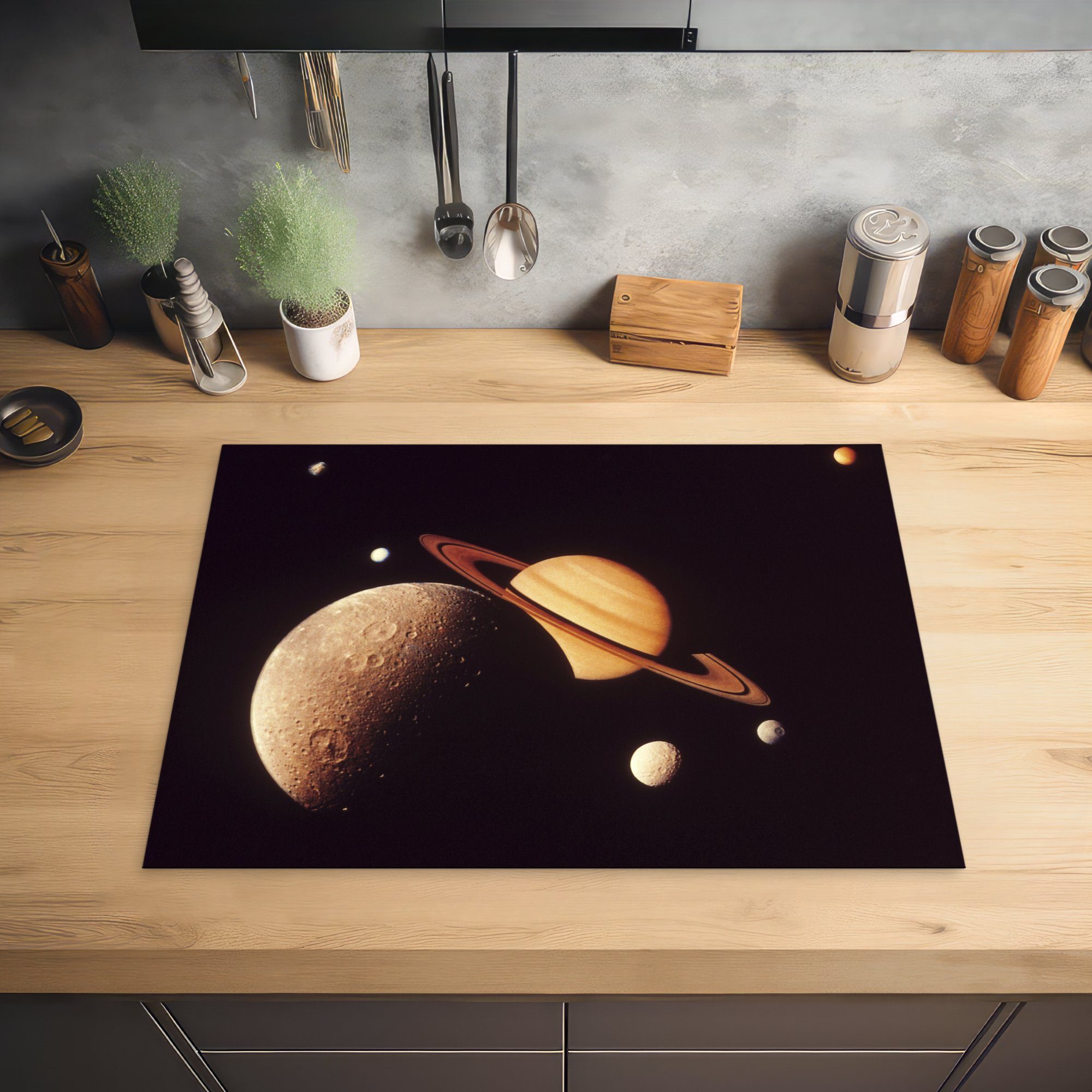 Ceranfeldabdeckung Saturn küche, Induktionskochfeld tlg), Sonnensystem, 71x52 für cm, die MuchoWow Schutz (1 Vinyl, im Herdblende-/Abdeckplatte