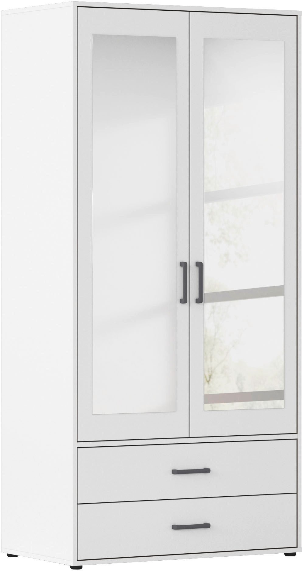 rauch Drehtürenschrank Kleiderschrank Schrank Garderobe Wäscheschrank VOYAGER (in 3 verschiedenen Ausstattungen BASIC/CLASSIC/PREMIUM) mit modernen Griffen in Graumetallic, inkl. Schubkästen und Spiegel