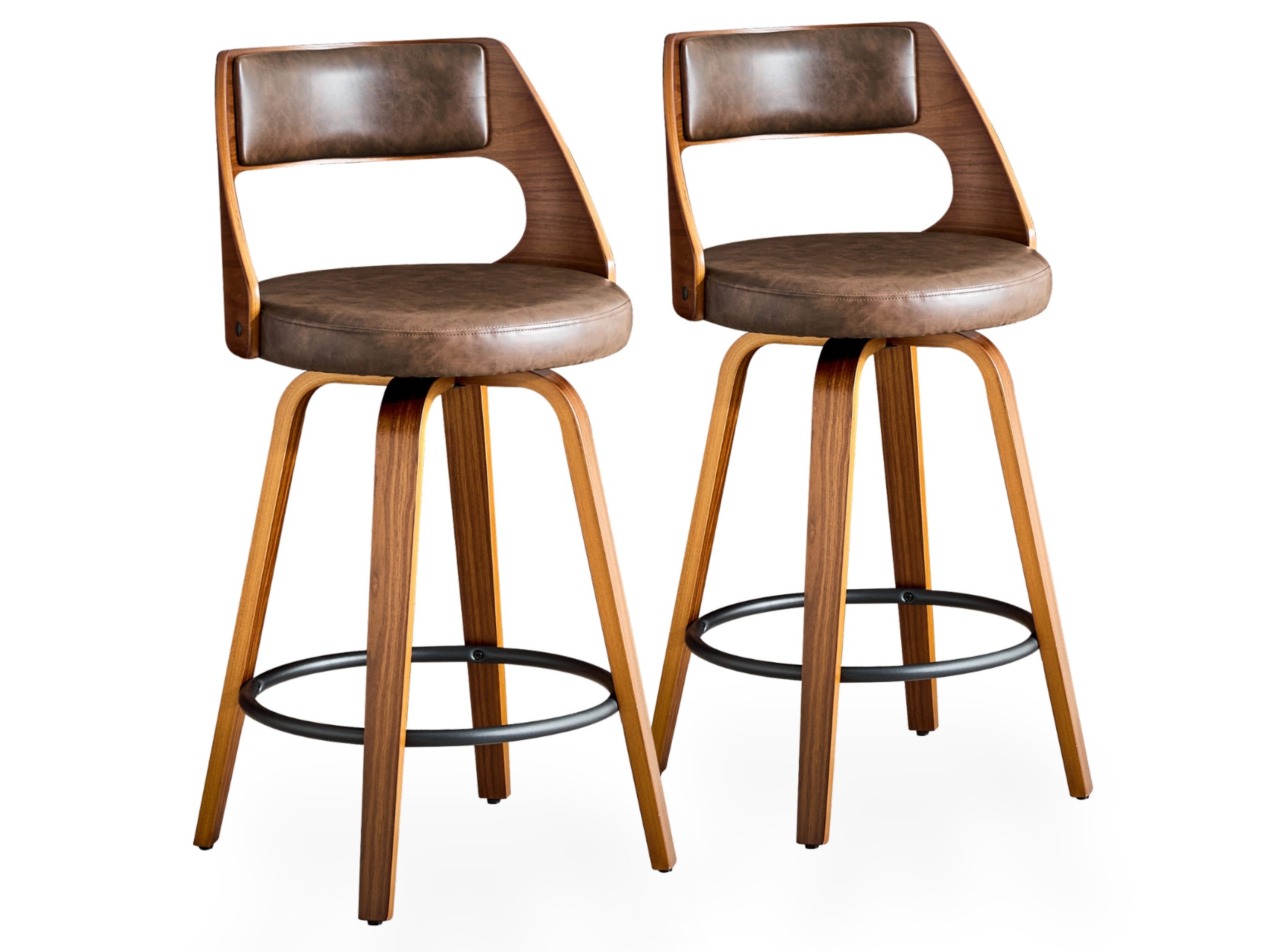 SeedWave Barhocker 2er Set Barstuhl mit Drehsitz, PU-Bezug Küchenhocker mit Holzfüßen, skandinavisches Design, Gebogene Rückenlehne,Metallfußstütze