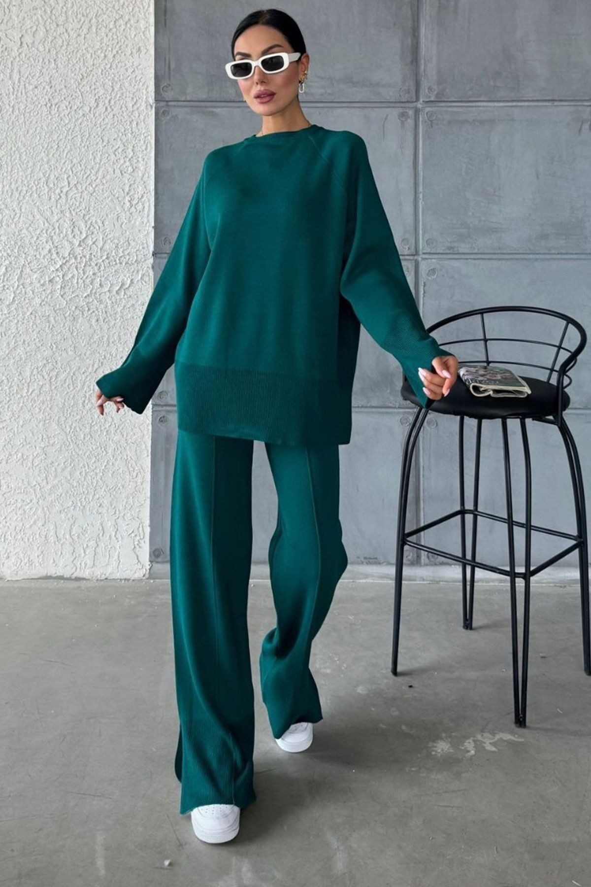 WOMAN VISION Blusentop Zweiteiliges Set aus Strickpullover und Hose mit Schlitz.