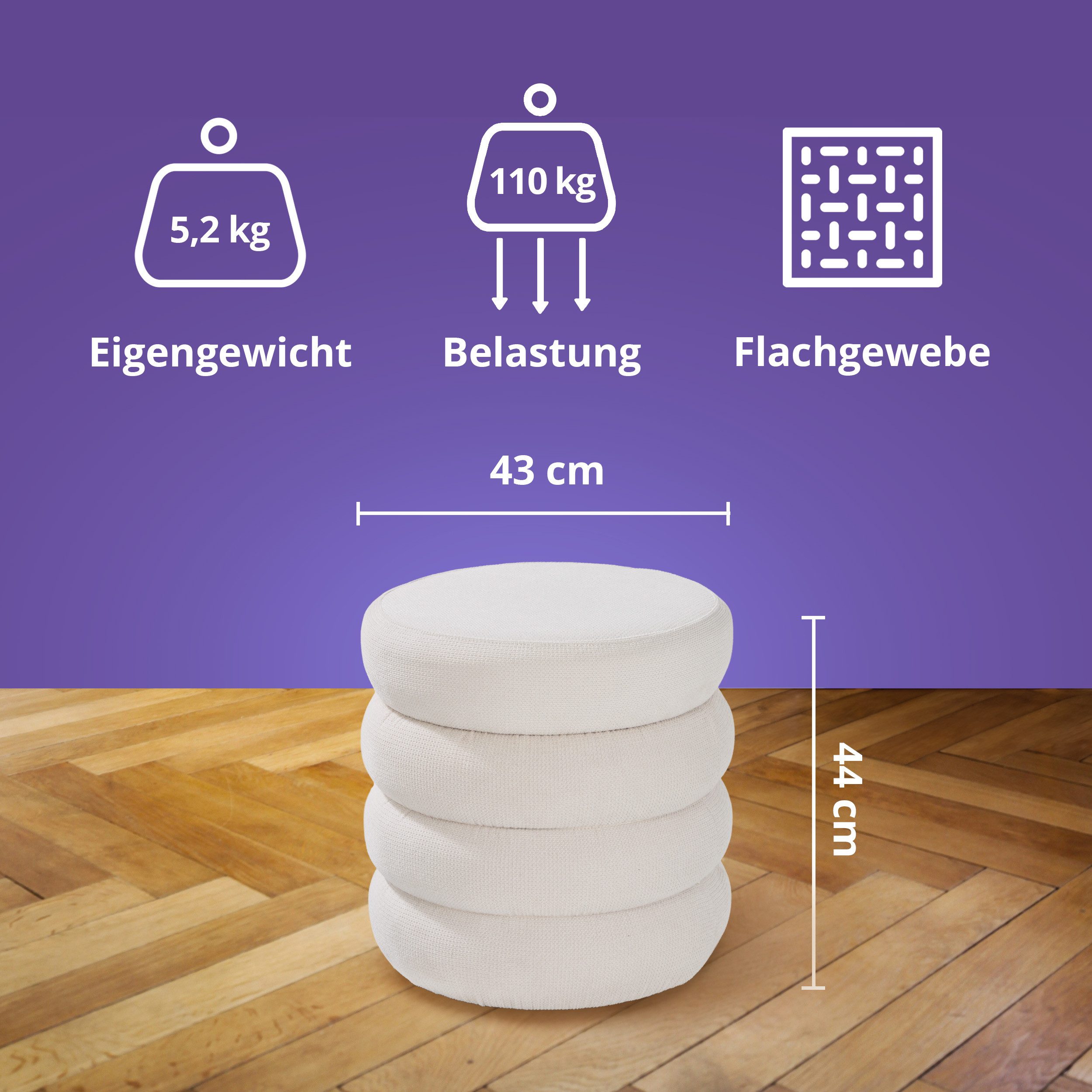KHG Polsterhocker Sitzhocker mit Stauraum 43 x 43 cm, Webstoff Creme (Indoor-Hocker), Sitzfläche abnehmbar, Hocker mit Stauraum, bis 110 kg belastbar – Bild 2 von 5