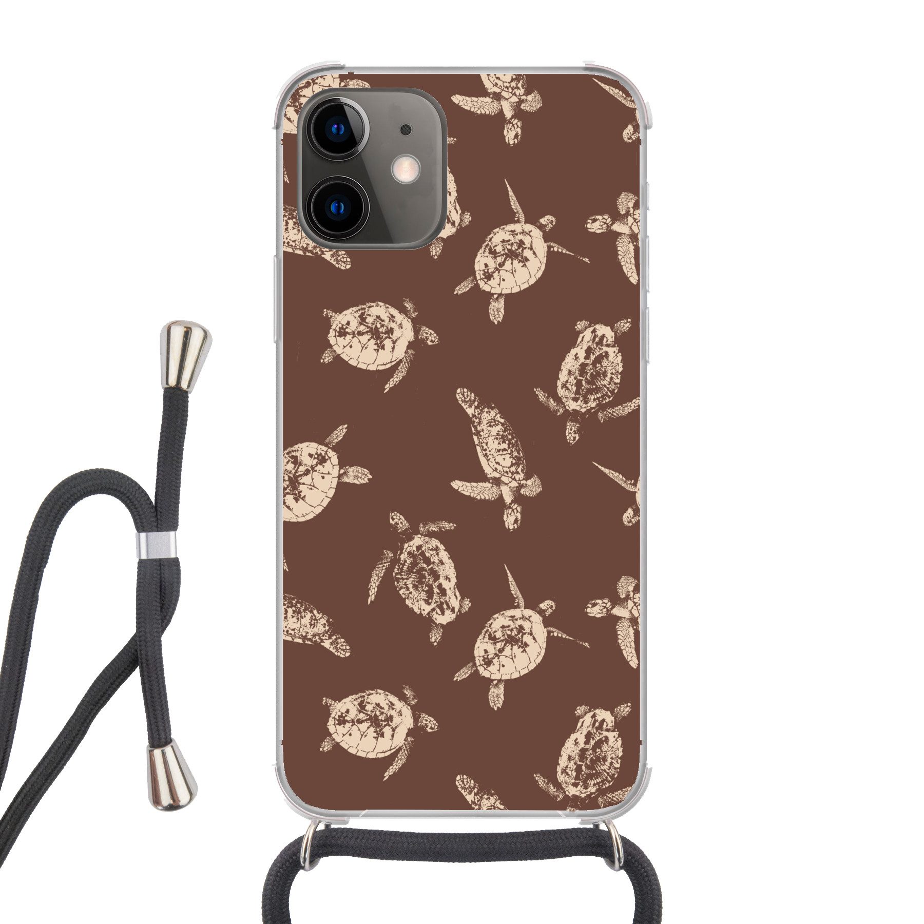 MuchoWow Handyhülle für Apple iPhone 11 Schildkröten - Muster - Braun - Beige, Tragbare Handyhüllen mit Kette zum umhängen, Handykette Handyband