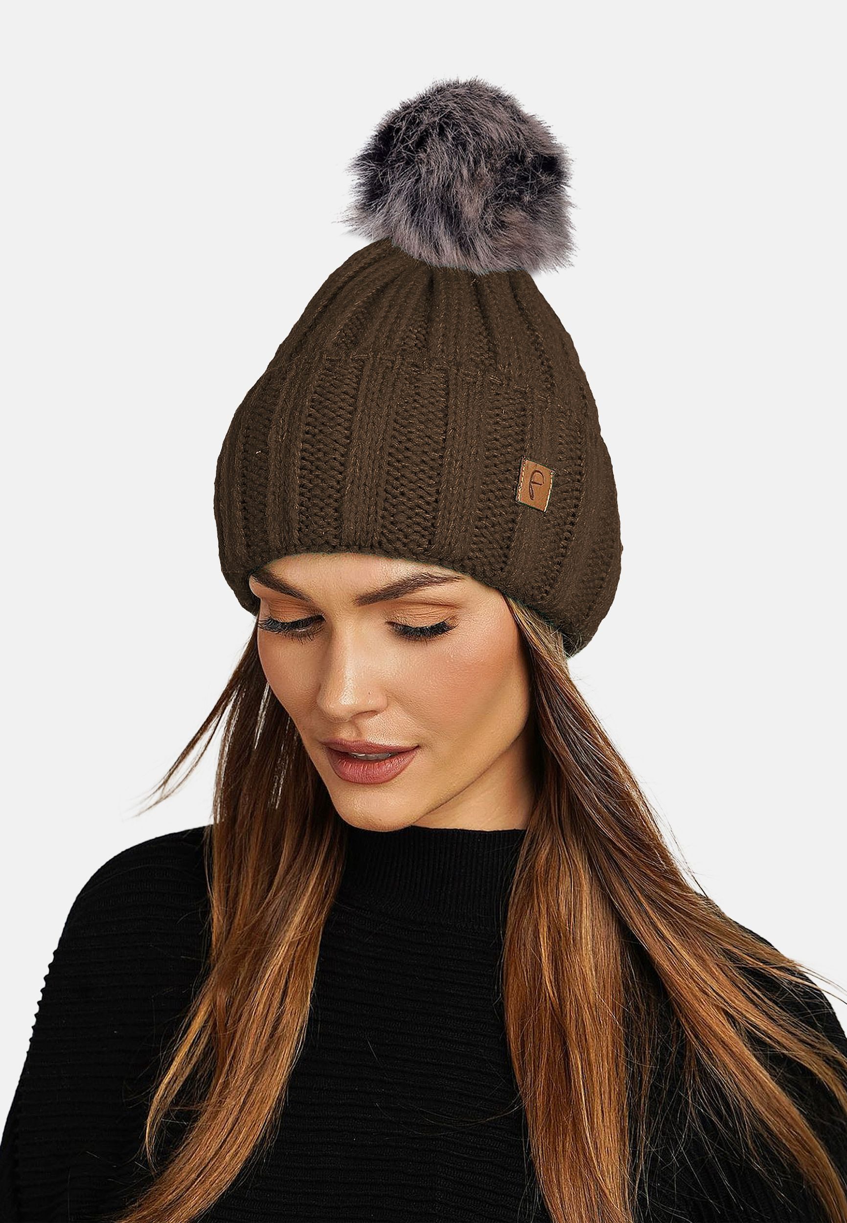 Faera Strickmütze Warme Beanie Strickmütze mit Bommel Thermo Futter (1-St., günstig online kaufen