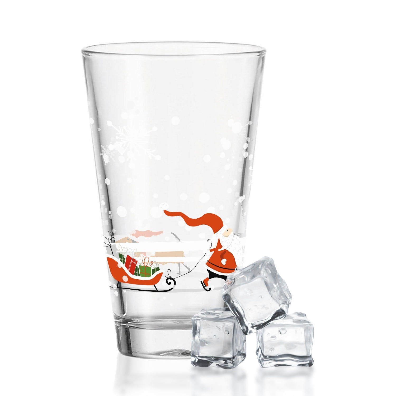 GRAVURZEILE Glas mit UV Druck - Weihnachtsmann mit Hund - Weihnachtsmotiv, Glas, Zur Weihnachtszeit zum Wichteln und als Geschenk für Kinder | Gläser