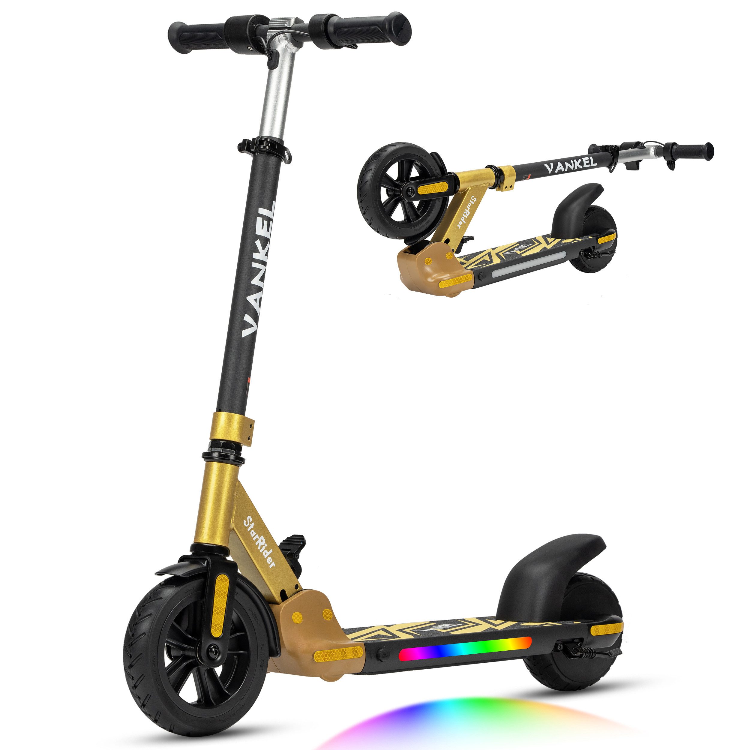 Vankel Elektro-Kinderroller Elektro-Kinderroller ab 6 Jahren, klappbar, 14 km/h, Belastbarkeit 50 kg, Champagnergold, 6,5 kg leicht, LED, bis 50 kg
