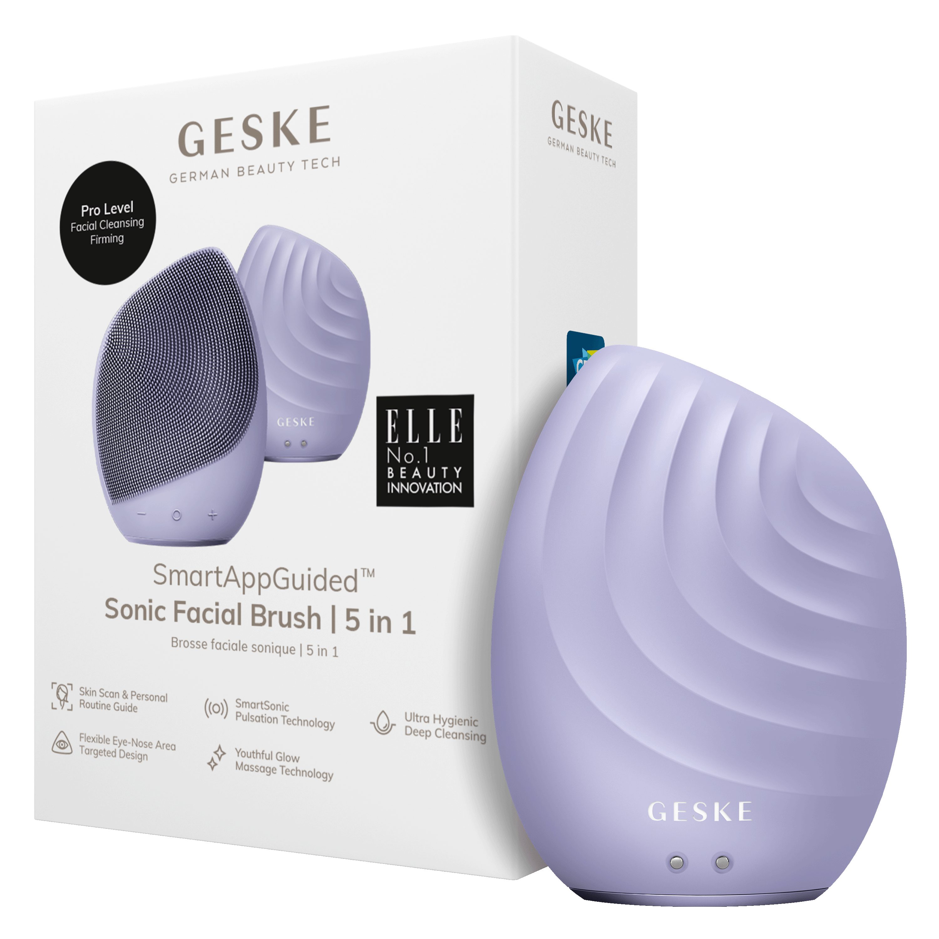 GESKE German Beauty Tech (Gerät Gerät 5 GESKE Packung 1, Du Brush personalisierte 2-tlg., APP kostenloser App der Facial USB-Ladekabel), Hautpflegeroutine. Elektrische inkl. erhältst Gesichtsreinigungsbürste SmartAppGuided™ Mit (SmartAppGuided Device), Purple in & deine Sonic
