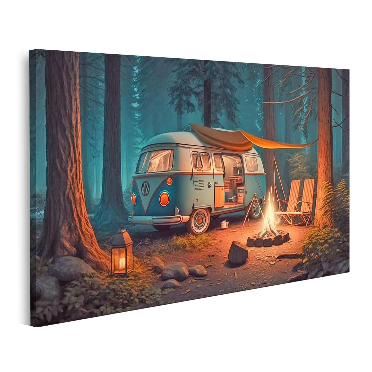 islandburner Leinwandbild Freizeitcamping mit Wohnmobil in offener Landschaft, Wald, Berge