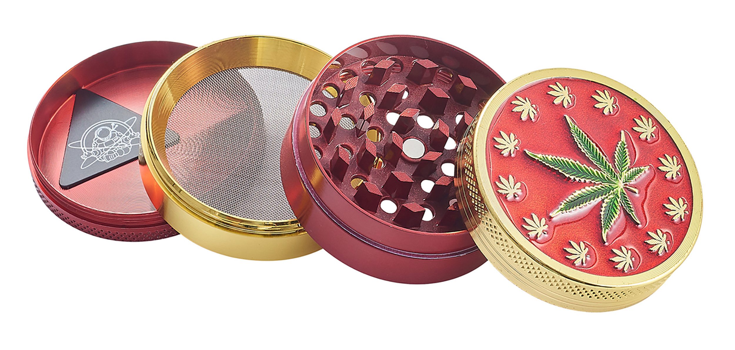 CHAMP HIGH Kräutermühle GRINDER "Hanfblatt" 52mm 4-teilig aus Metall Crusher Sieb 27 (Rot) manuell, Gewürz Tabak Kräuter Mühle