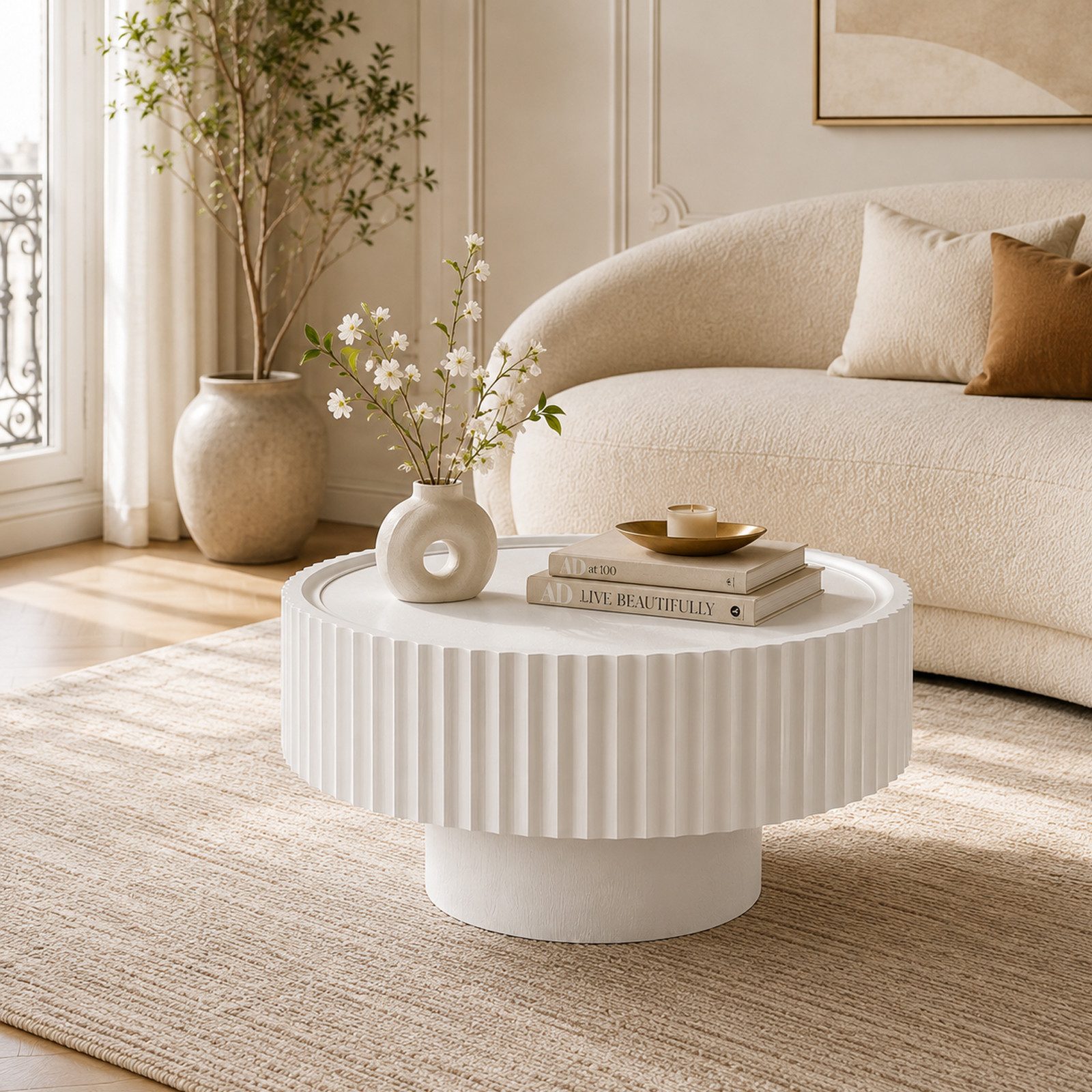 PEALOV Couchtisch runder Tisch mit Rillenoptik, Ø 70 × 38 cm (1-St), Moderner Sofatisch in Pilzform für Wohnzimmer und Lounge