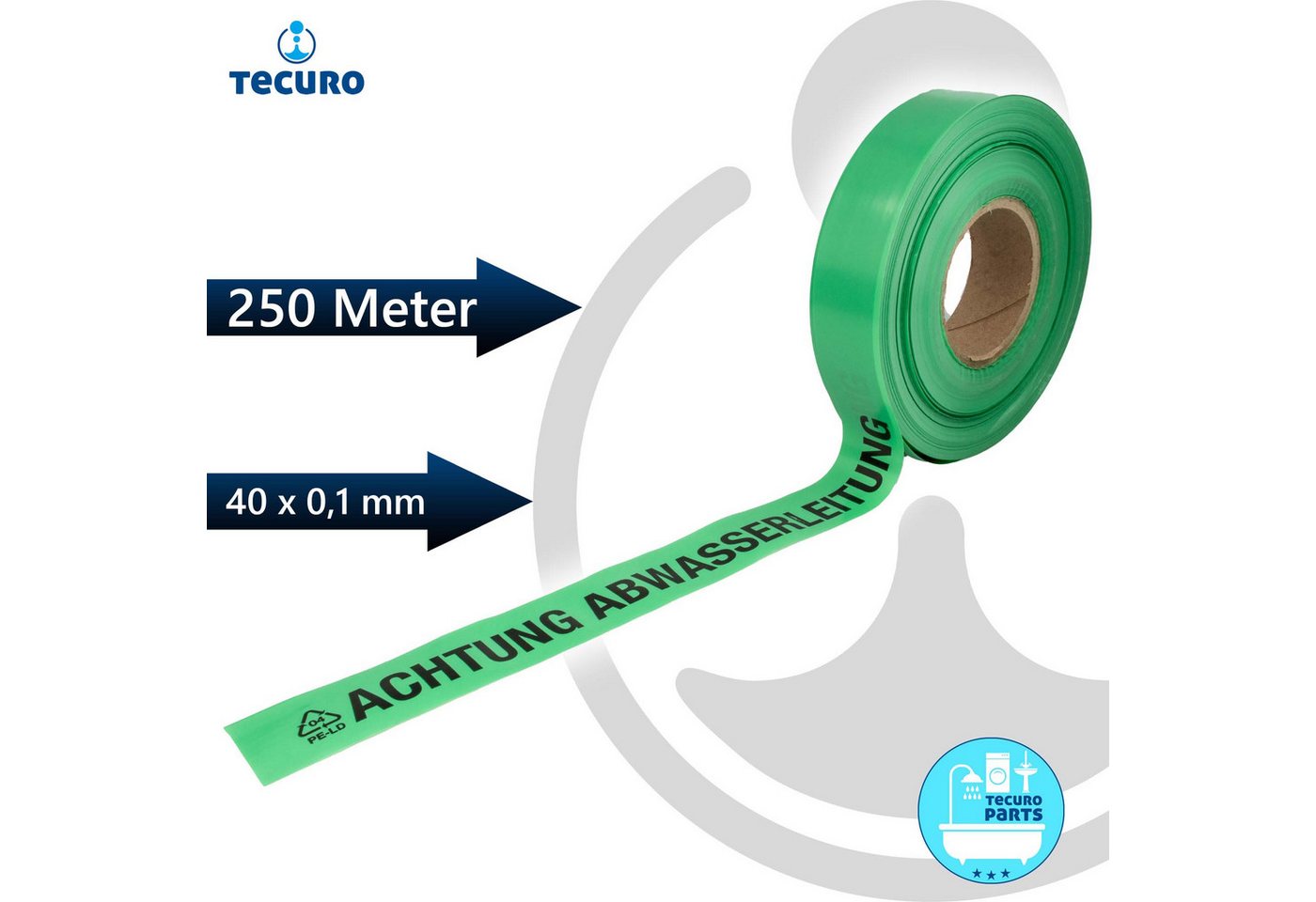 Thumbnail - tecuro Hinweisschild Trassenwarnband ACHTUNG ABWASSERLEITUNG, grün, 250 m x 40 mm