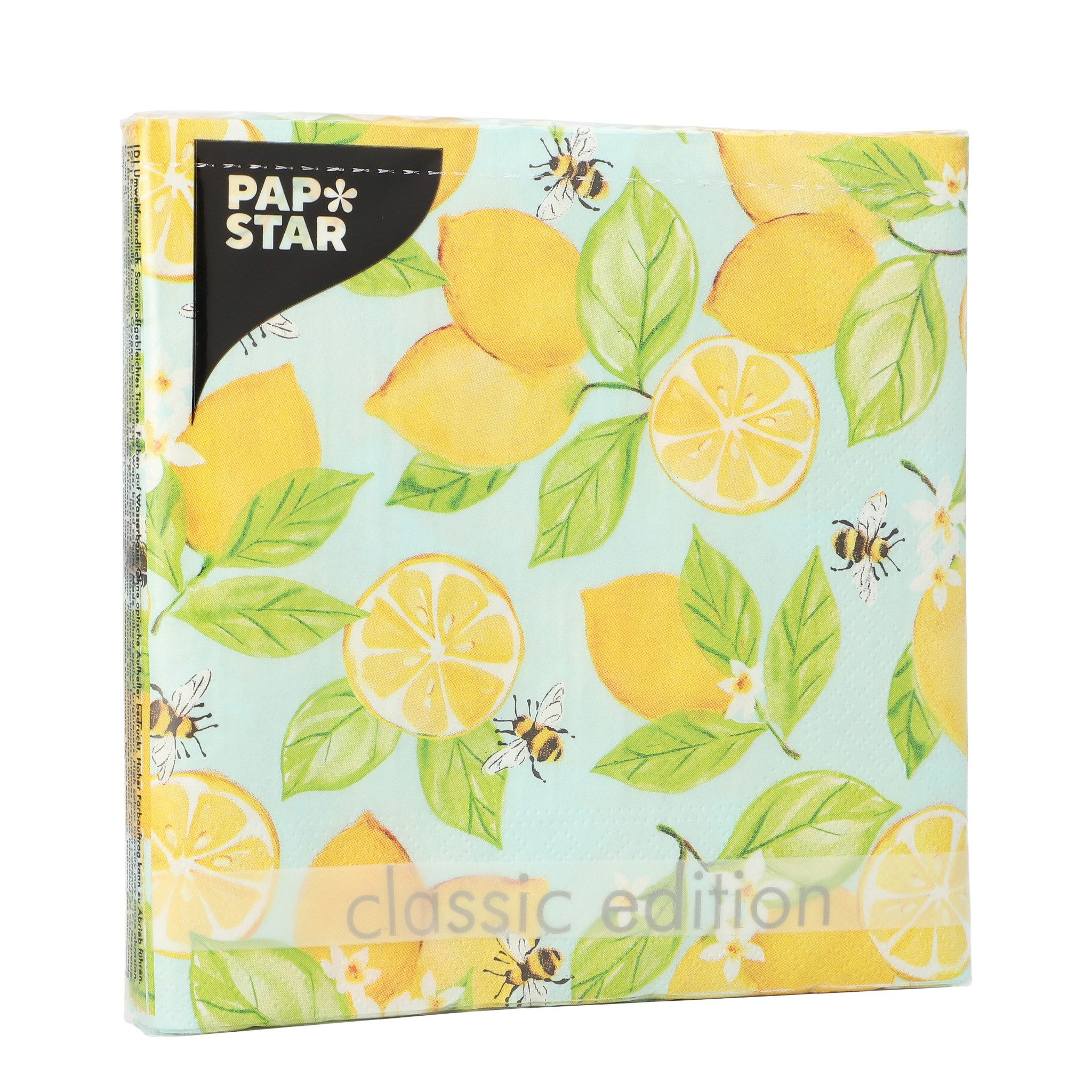 PAPSTAR Papierserviette, Servietten Papier 33x33cm 3-lag Zitronen & Bienen Motiv 20 Stück Gelb
