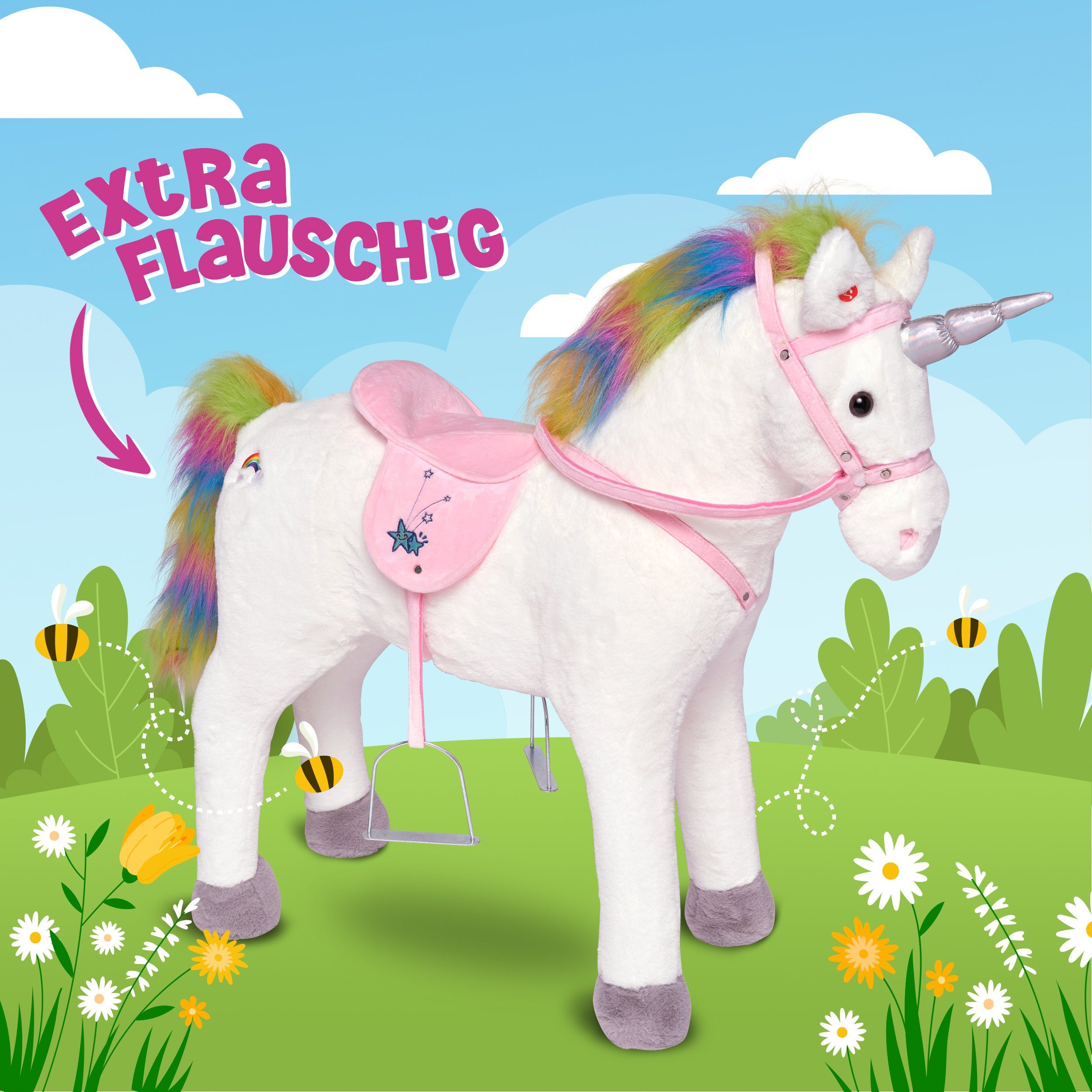 Pink Papaya Stehpferd Spielpferd zum Reiten für Kinder 65 / 75 cm Plüschpferd, Kuscheliges Stehpferd für Kinder, handgefertigt