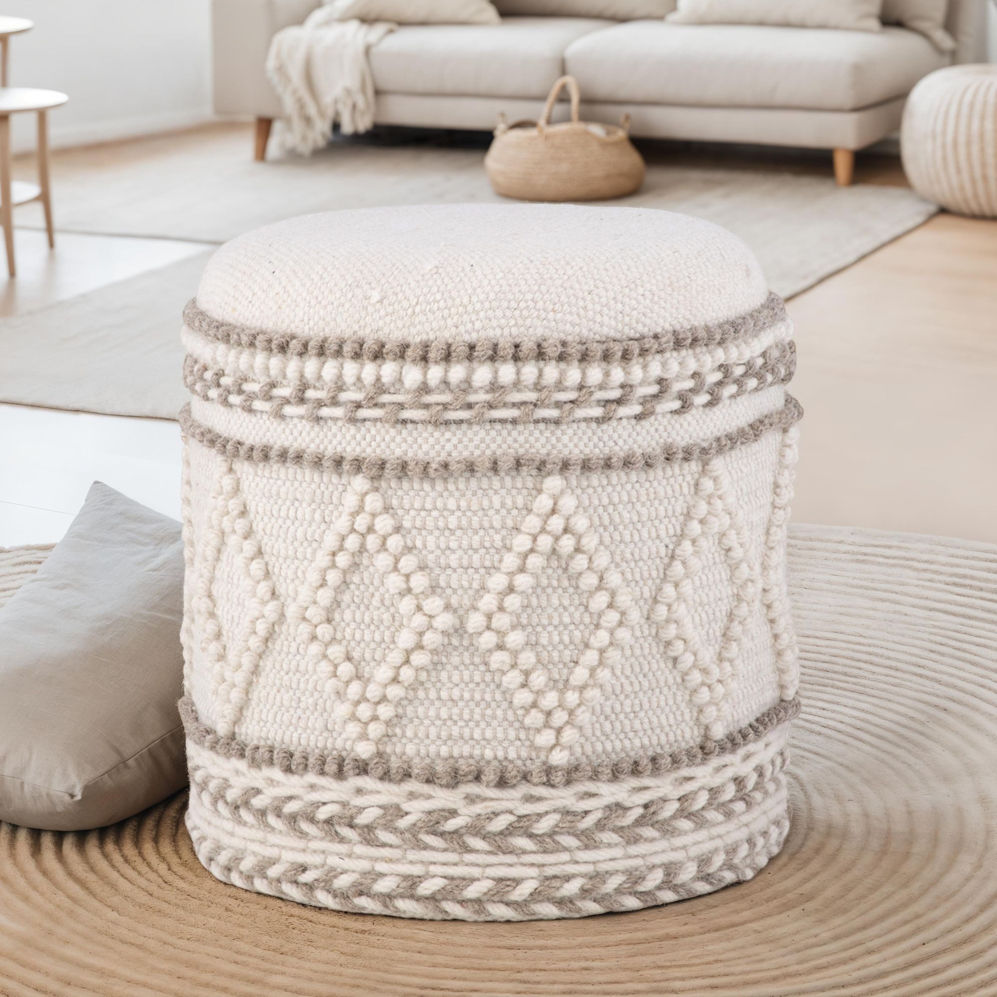 FINEBUY Stauraumhocker FB111030 Sitzhocker Hocker Stauraum 40x45 cm Boho Design gepolstert (Wolle 40 cm, Hocker mit Stauraum Rund Boho Design), Dekohocker Creme Klein, Sitzhocker Gepolstert