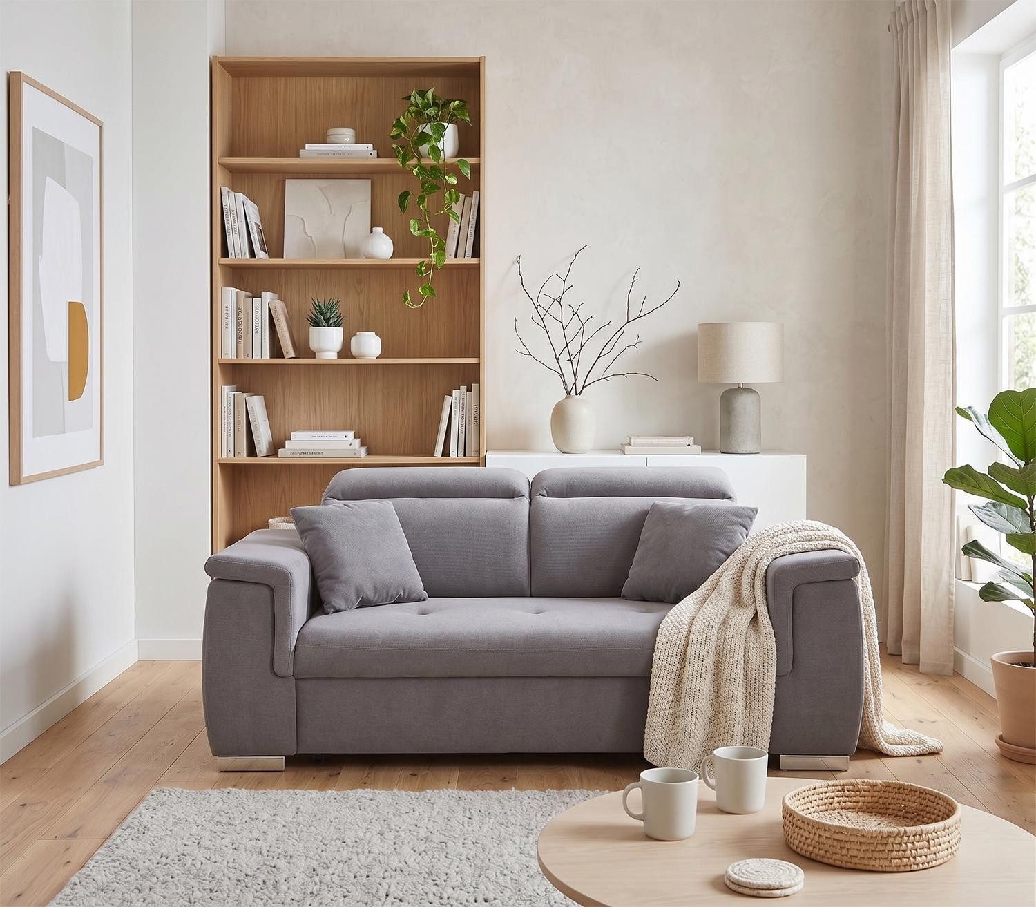 Iwaniccy 2-Sitzer MALMÖ, Hellgrau, Webstoff, mit 2 Zierkissen, Kopfteilverstellung, B 196 x H 99 x T 93 cm