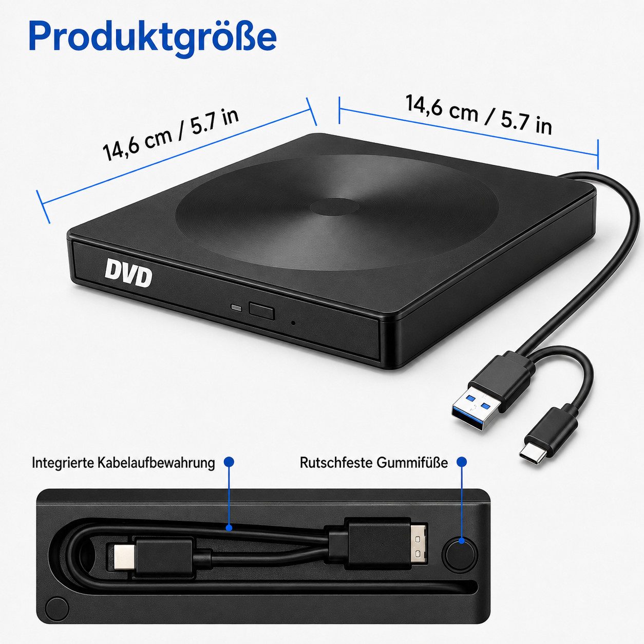 Toomoke Externes CD/DVD-Laufwerk, CD-Brenner, optisches Laufwerk, DVD-Brenner (USB-Laufwerk für Laptop, PC und Mac, kompatibel mit Windows und macOS, DVD 8x/CD  – Bild 5 von 5