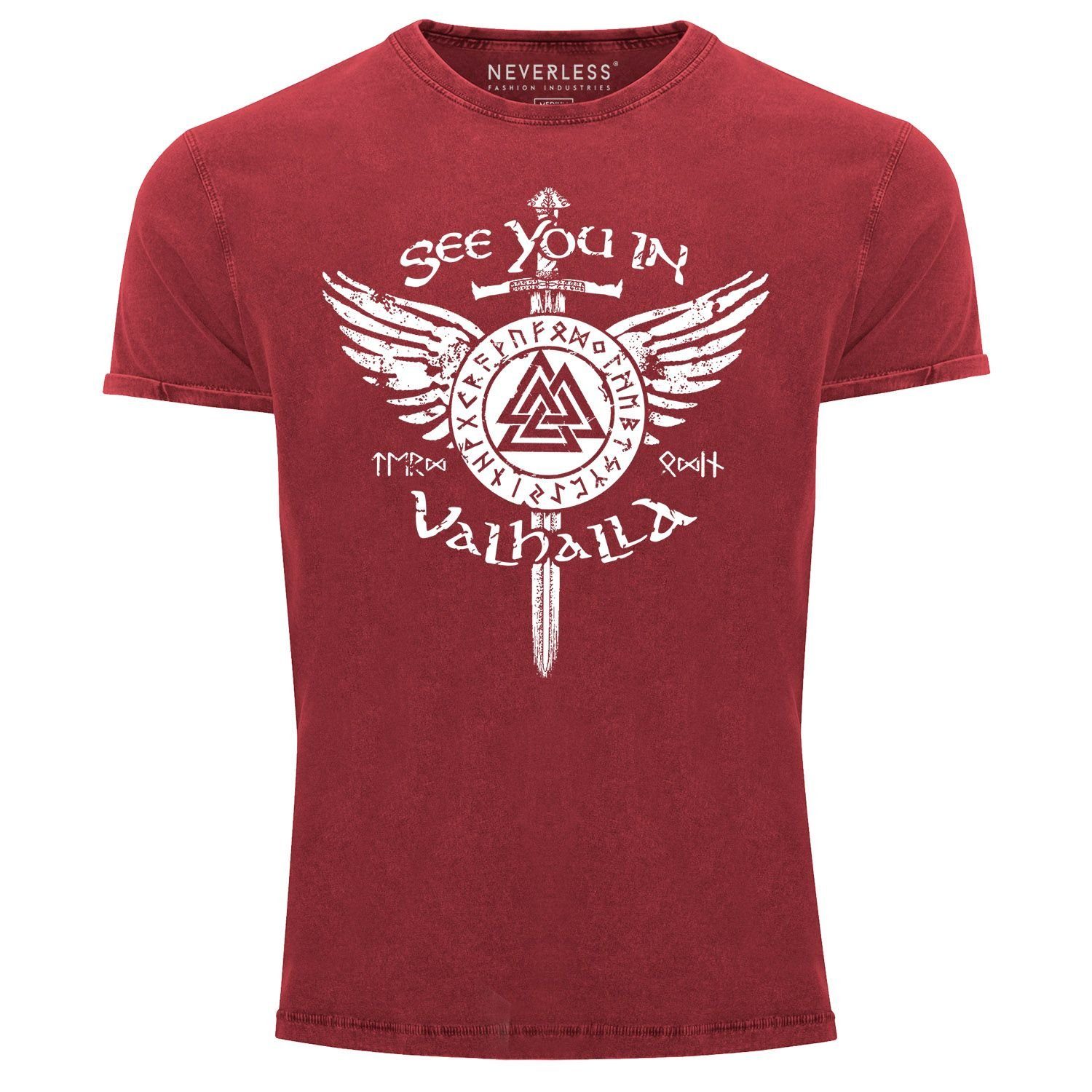 Neverless Print-Shirt Herren Vintage Shirt See you in Valhalla Schwert Runen Odin Vikings Printshirt T-Shirt Aufdruck Neverless® mit Print rot