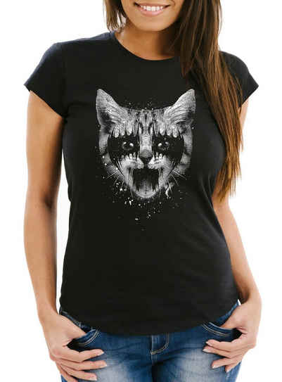 MoonWorks Print-Shirt Damen T-Shirt Black Metal Cat Katzenmotiv Rock Heavy Pussy Cat Slim Fit Moonworks® mit Print
