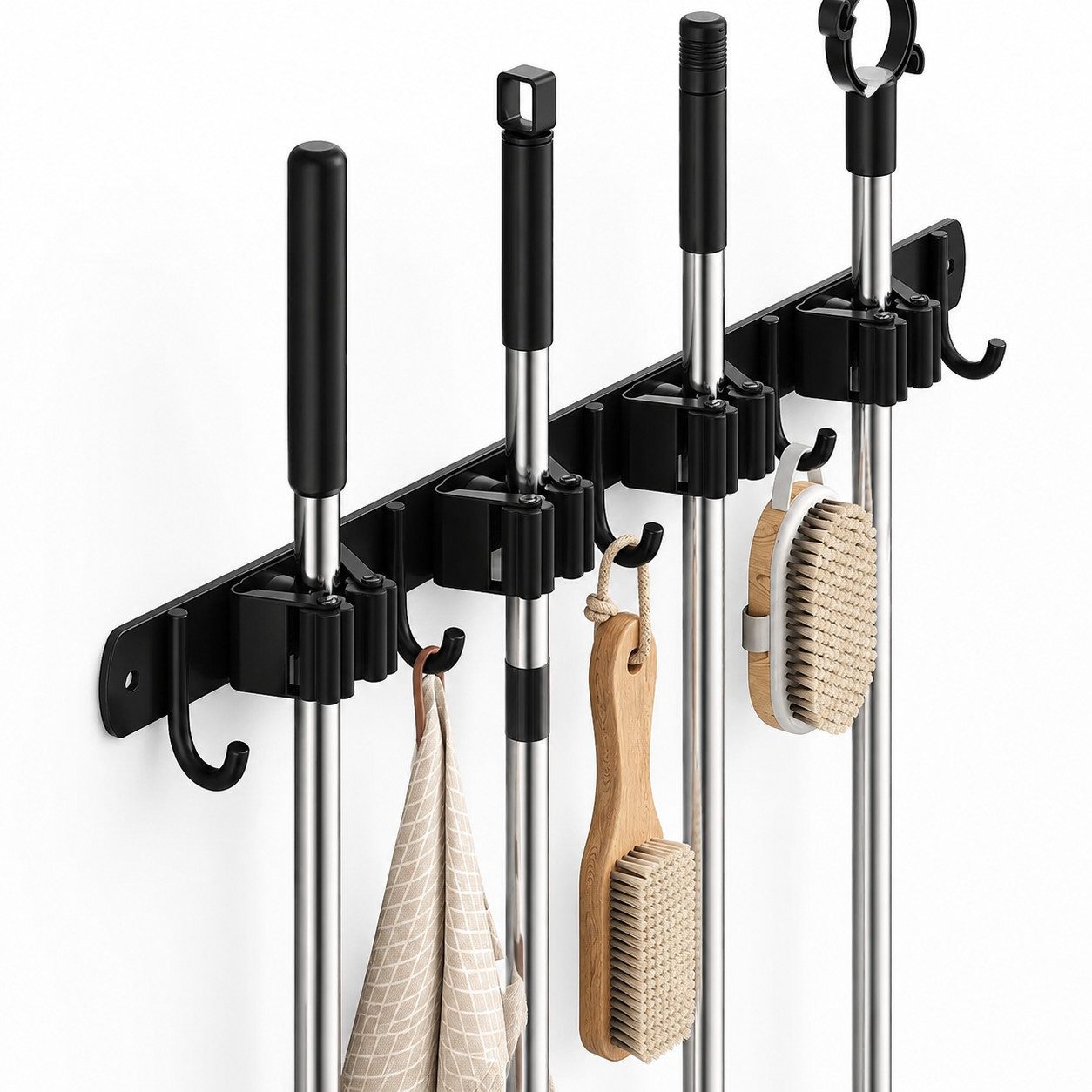 ibettertec Wandhaken Besenhalterung Wand mit 4 Halter und 5 Haken Gartengerätehalter, (für Besen, Mopps und Gartengeräte., 49cm*3cm,Wandhalterung,Edelstahl,platzsparend), Besenhalter Wand