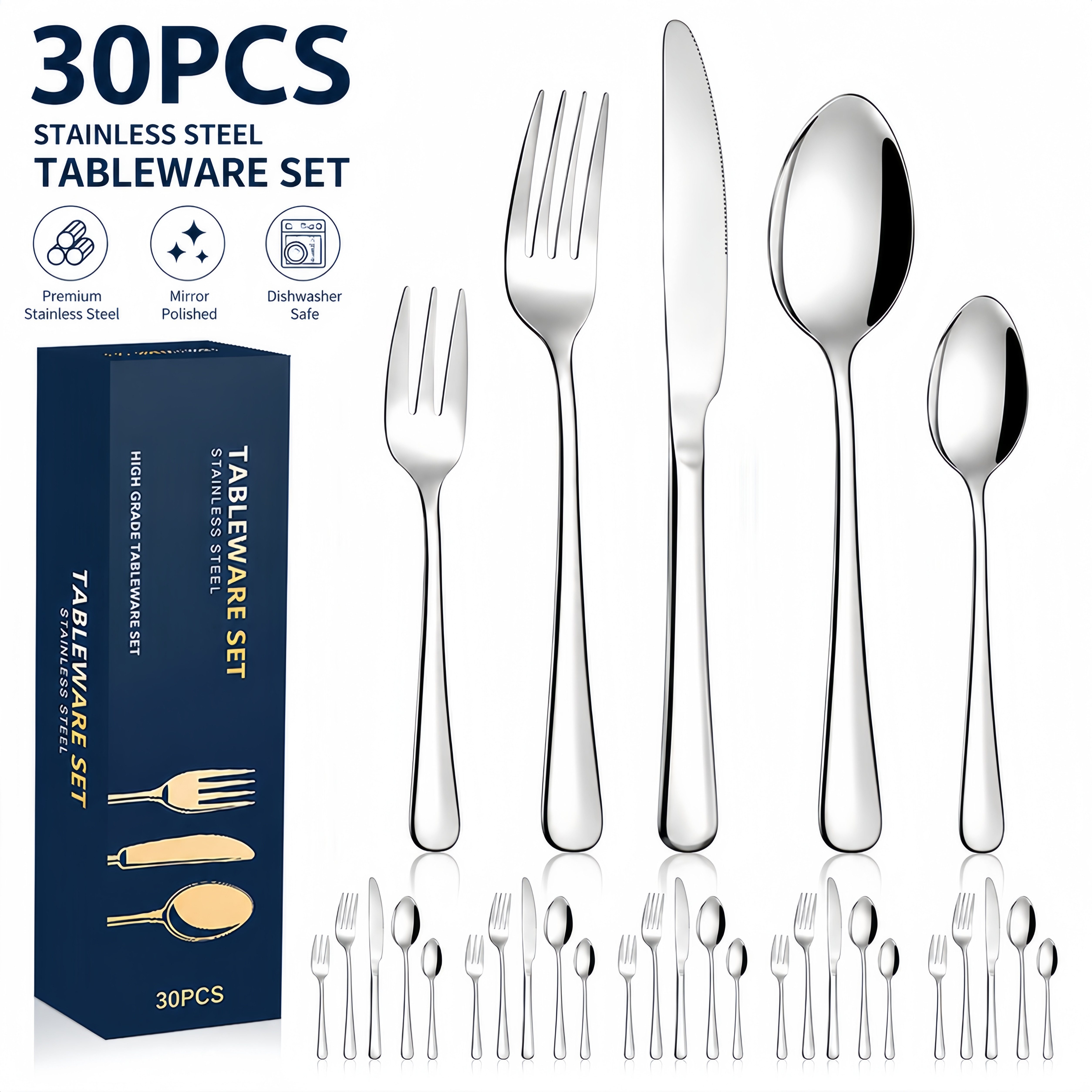 ibettertec Besteck-Set 30-teiliges Edelstahl Besteckset Spülmaschinenfest, 36 Personen, Modern Silber für 6 Personen
