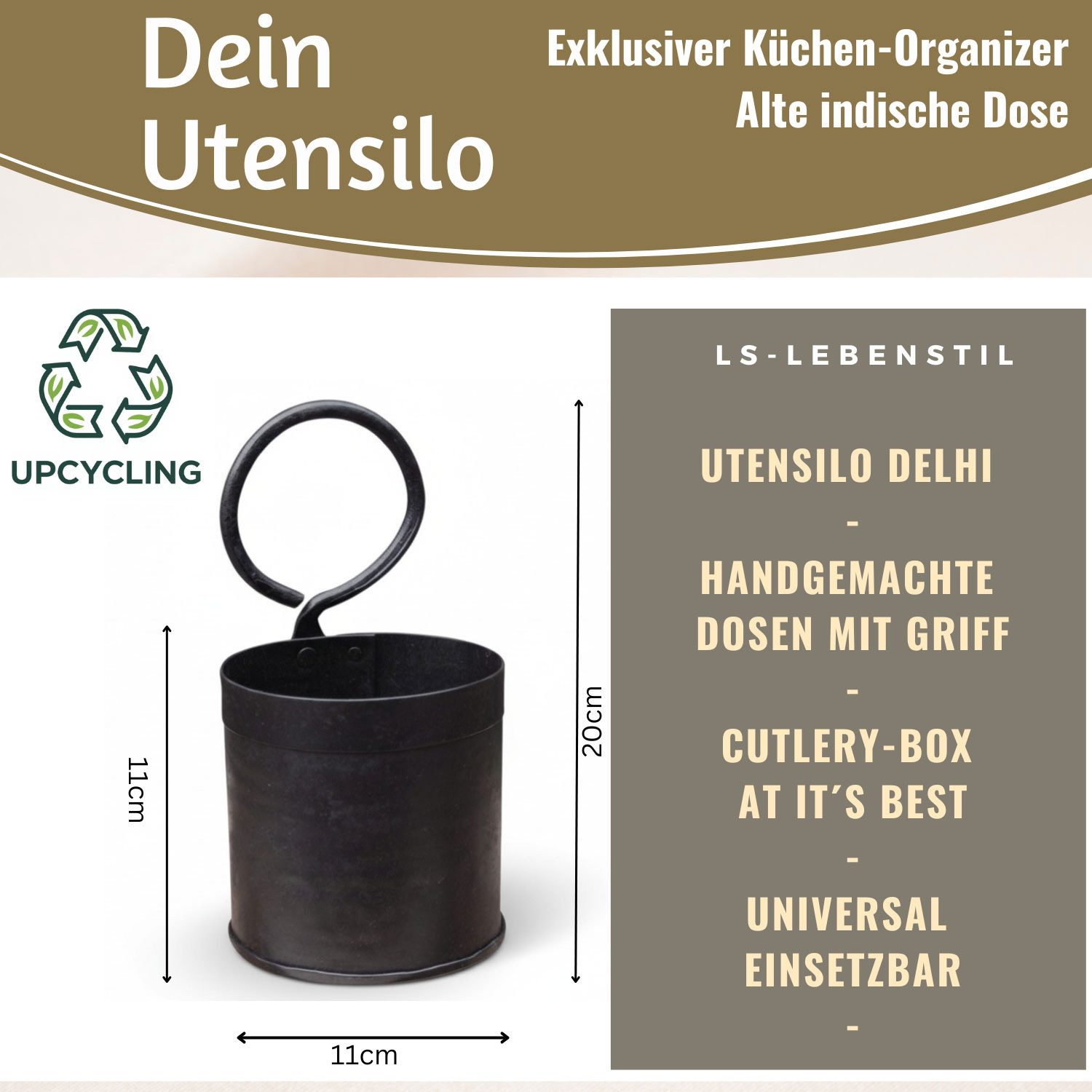 LS-LebenStil Besteckkorb Vintage Besteckständer Dehli 20cm Rund 1-fach Griff Utensilienhalter, (ideal auch im Büro als Stiftebox Stifteköcher, 1-tlg., Utensilo Organizer Besteckbehälter Besteckhalter Besteckkasten), Universal einsetzbar - als Blumenvase für Trockenblumen