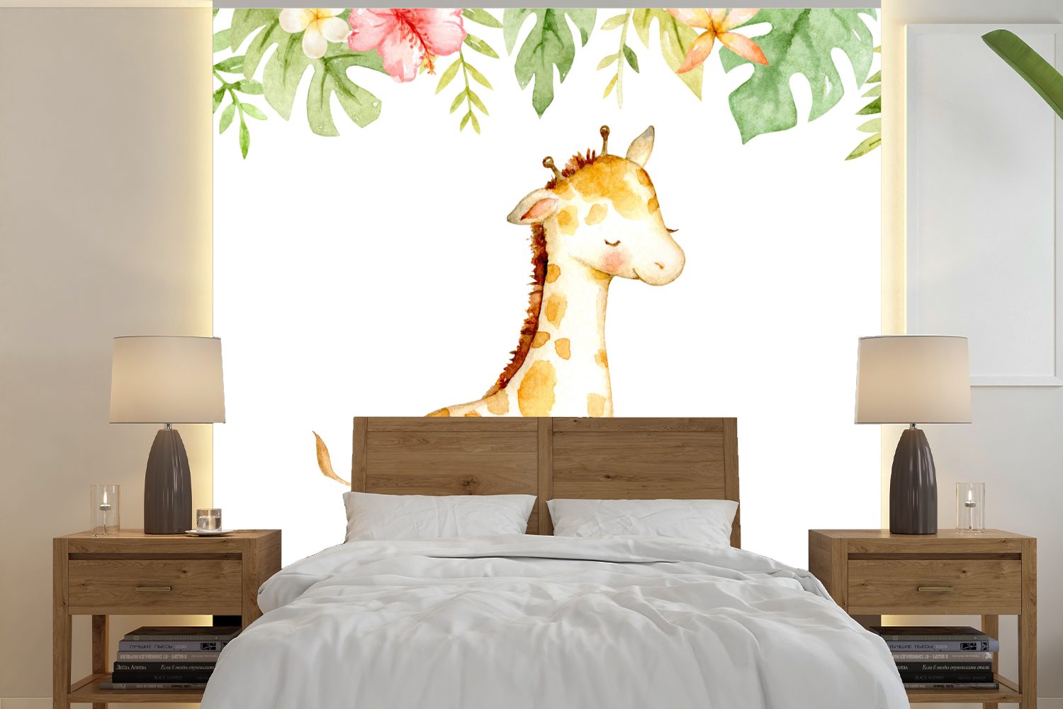 MuchoWow Fototapete Giraffe - Aquarell - Dschungel, Matt, bedruckt, (5 St), Vinyl Tapete für Wohnzimmer oder Schlafzimmer, Wandtapete