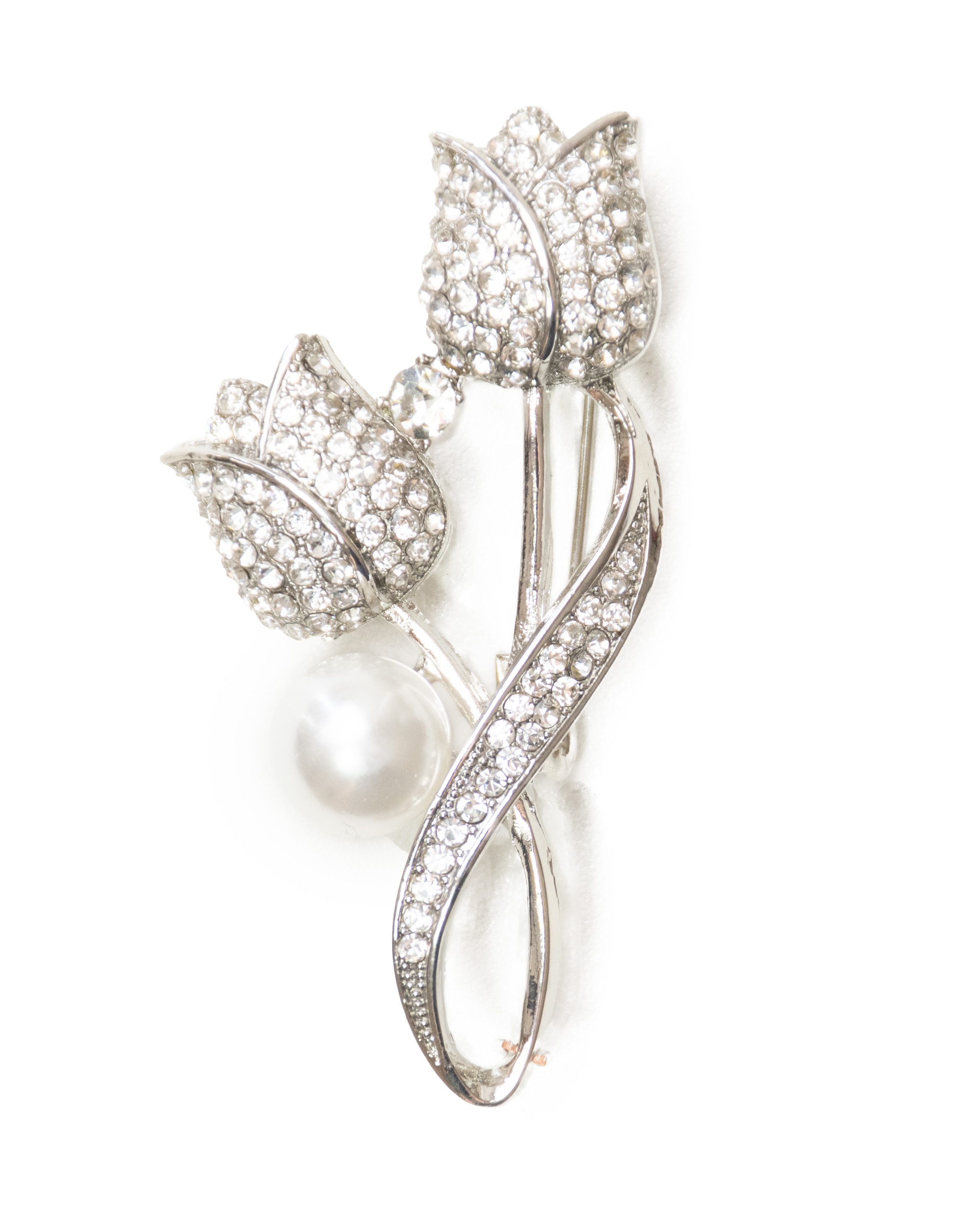 MayTree Brosche "Tulpen", weiß mit Strass und einer Zierperle (Stück, 1-tlg), Metallbrosche mit Strass und einer Zierperle