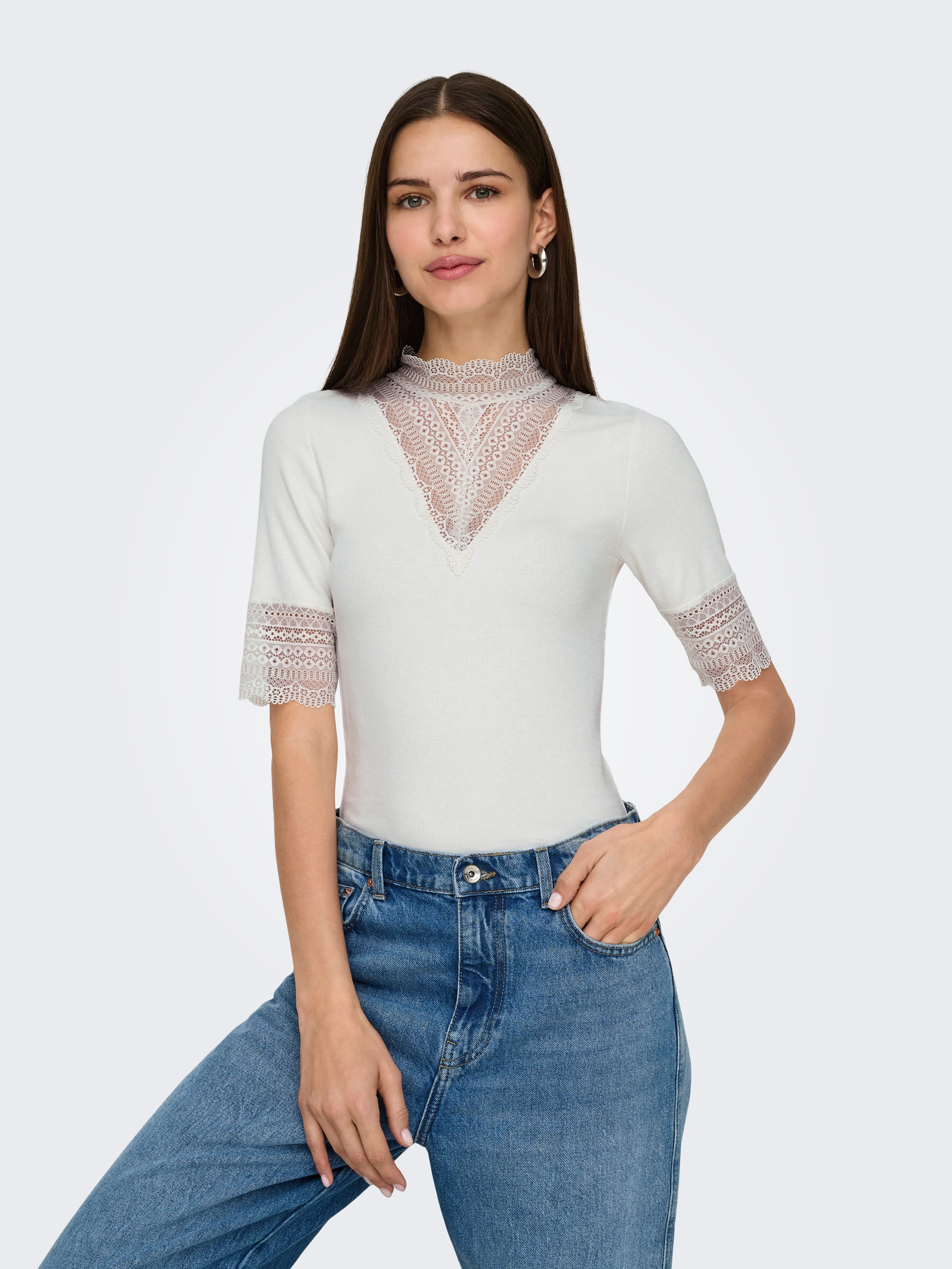 ONLY Spitzenshirt ONLTILDE HIGHNECK S/S TOP JRS NOOS