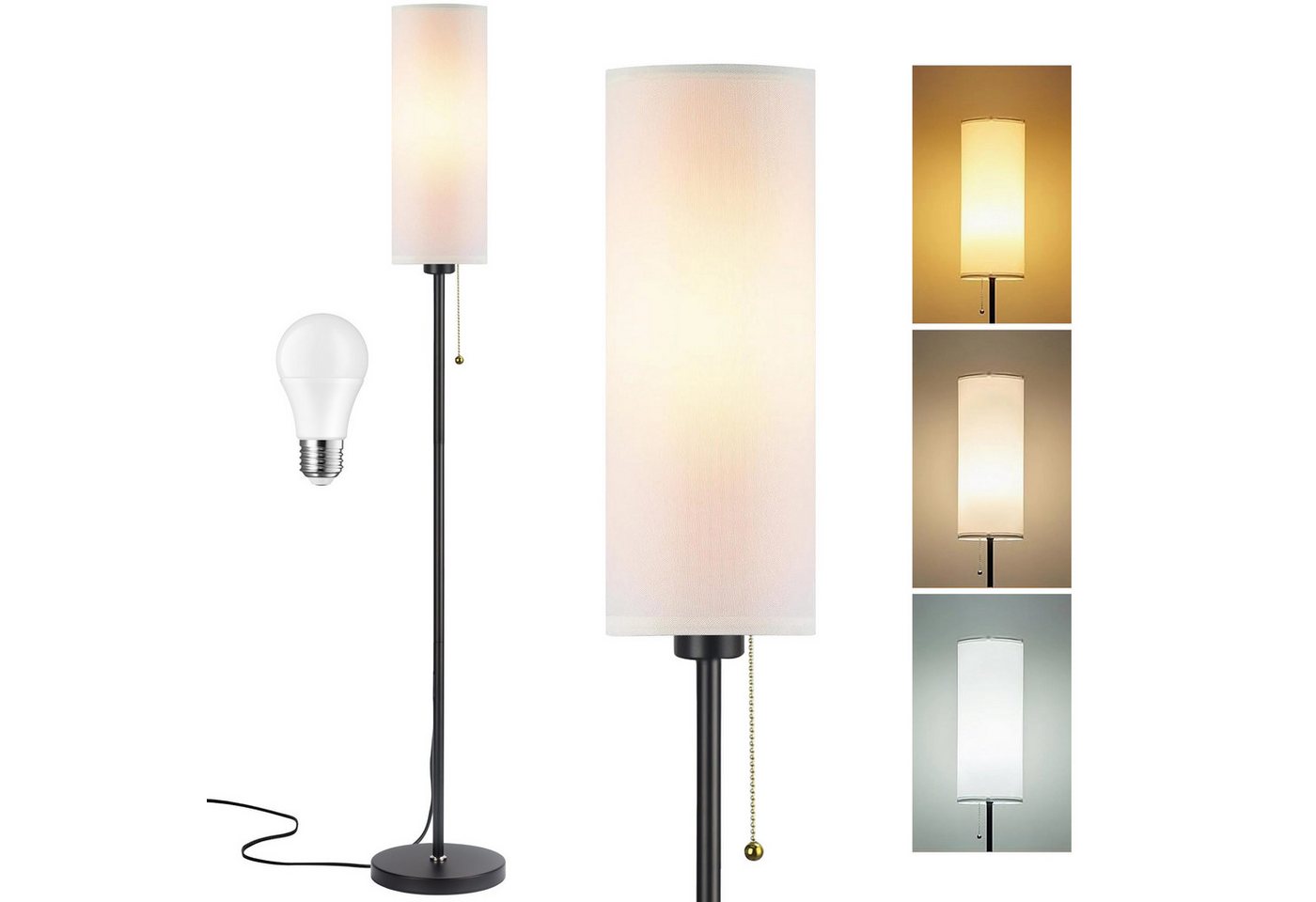 POPOLIC Stehlampe Stehleuchte aus Leinen, 3 Farbtemperaturen, 9-W-LED-Lampe inklusive, Standard-Eckleuchte mit Kettenschalter und Lampenschirm für Wohnzimmer
