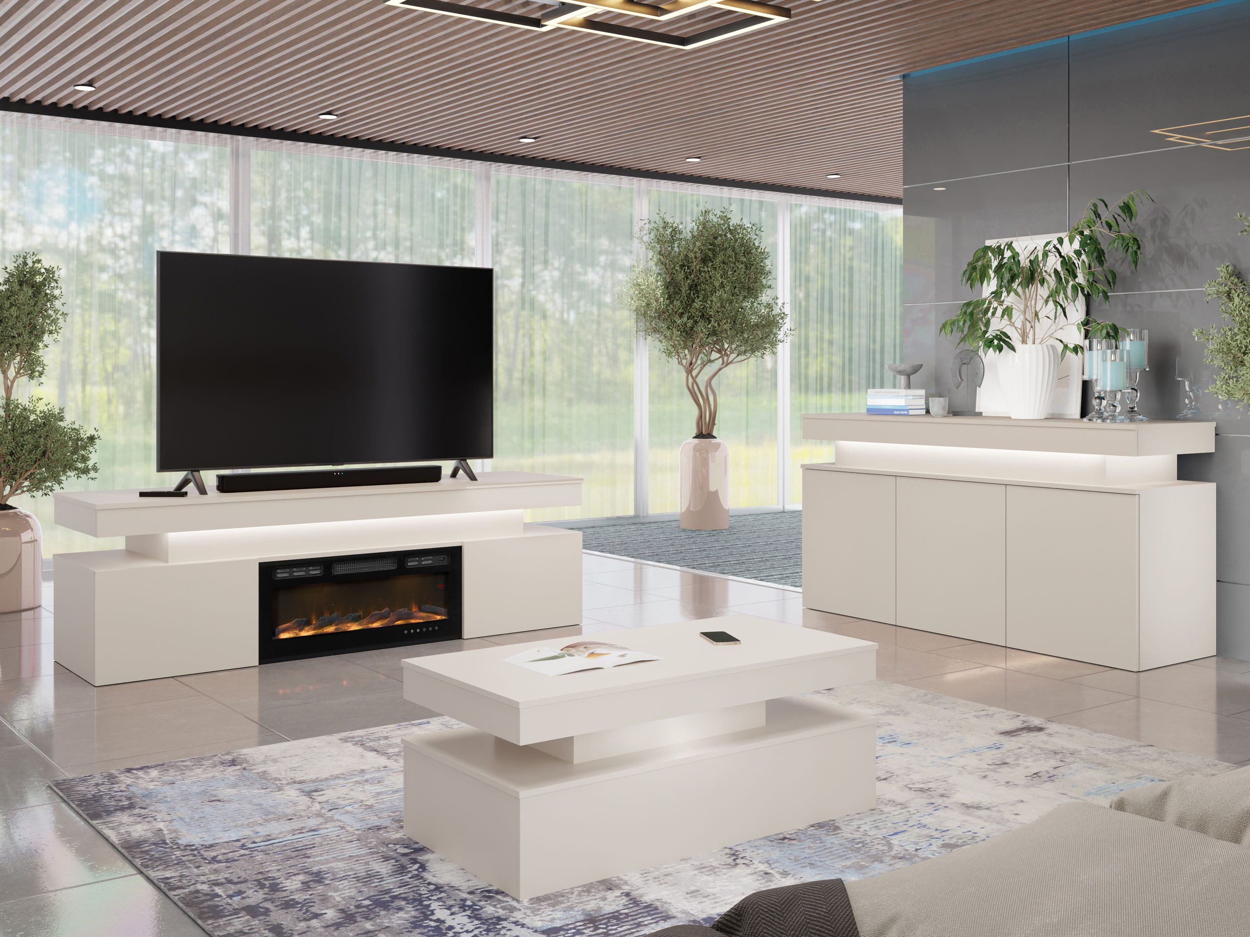 MIRJAN24 Wohnzimmer-Set Glossa Bis II, (3er-Set, Kommode, TV-Lowboard mit Kamin, Couchtisch), Weißer LED-Beleuchtung
