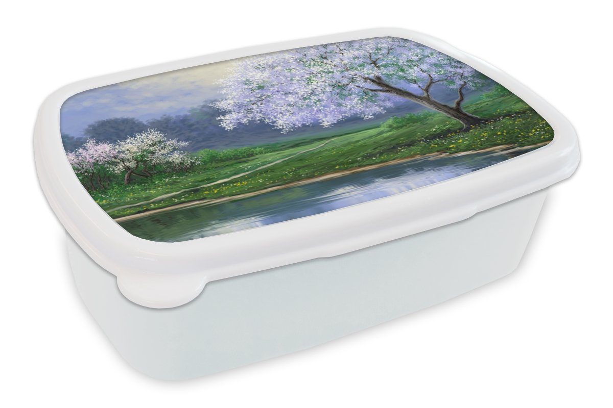 MuchoWow Lunchbox Malerei - Baum - Blüte - Natur - Wasser, Kunststoff, (2-tlg), Brotbox für Kinder und Erwachsene, Brotdose, für Jungs und Mädchen weiß