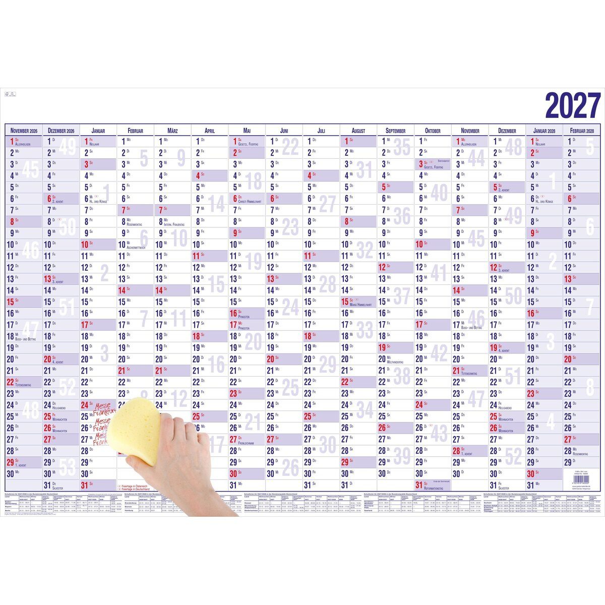 GÜSS Kalender Plakatkalender Wandplaner mit 16 Monaten 120x80cm abwischbar Nov. 2026-Febr. 2028