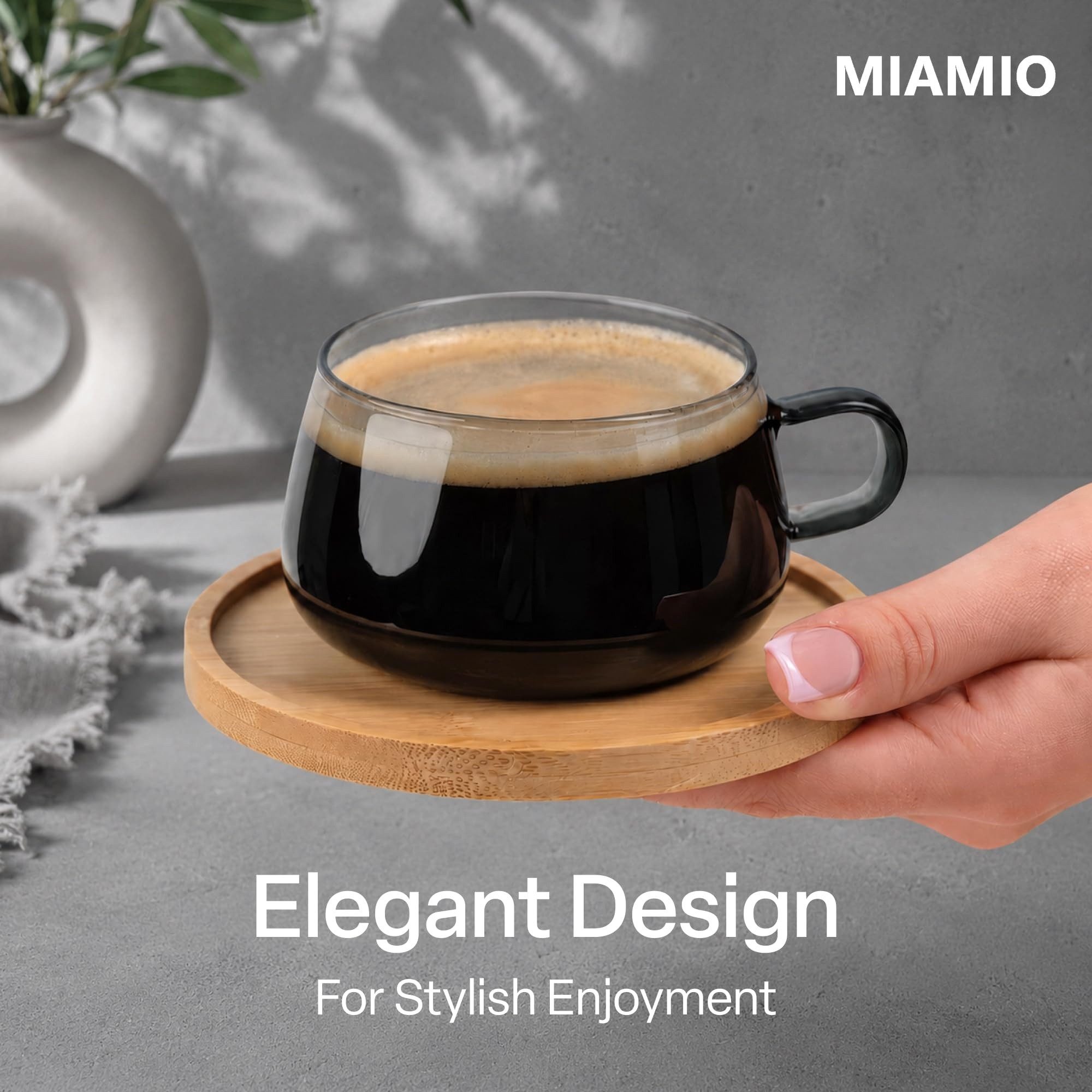 MiaMio Cappuccinotasse Olea, 280 ml, 4-tlg., Glas, mit Bambus-Untersetzer