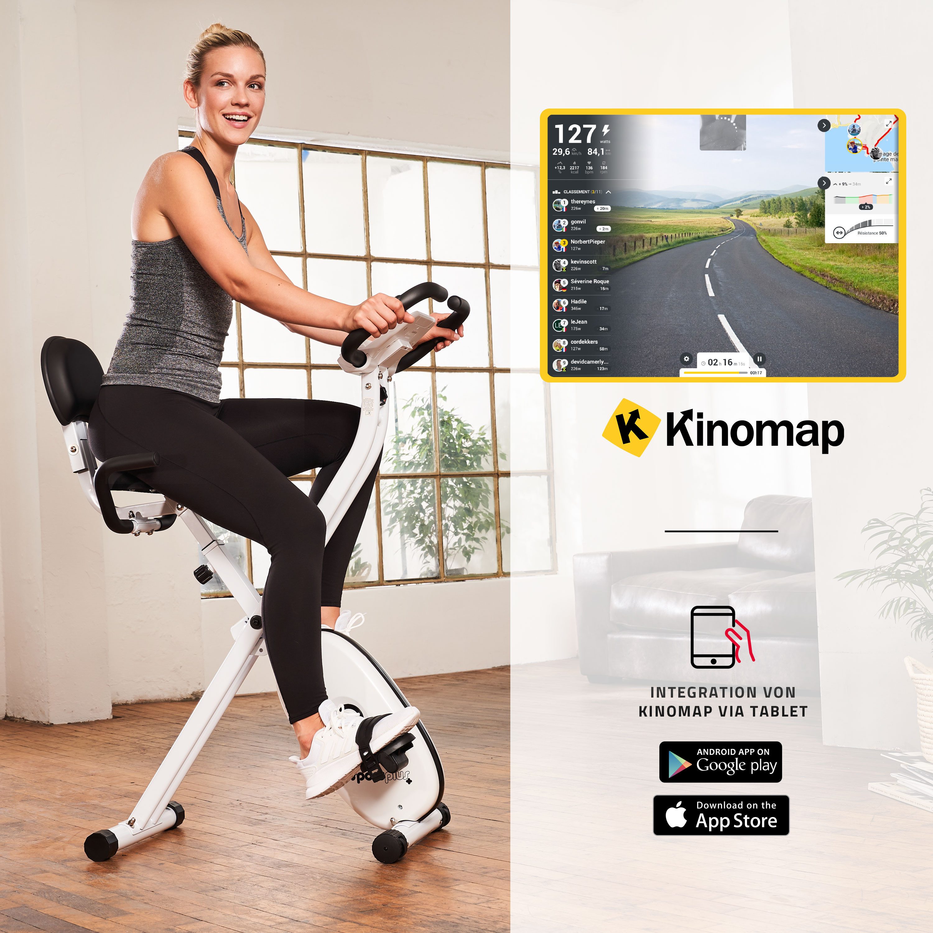 SportPlus Heimtrainer SP-HT-1400-W-iE, X-Bike, klappbar, 24 Widerstandsstufen, 9 Trainingsprogramme