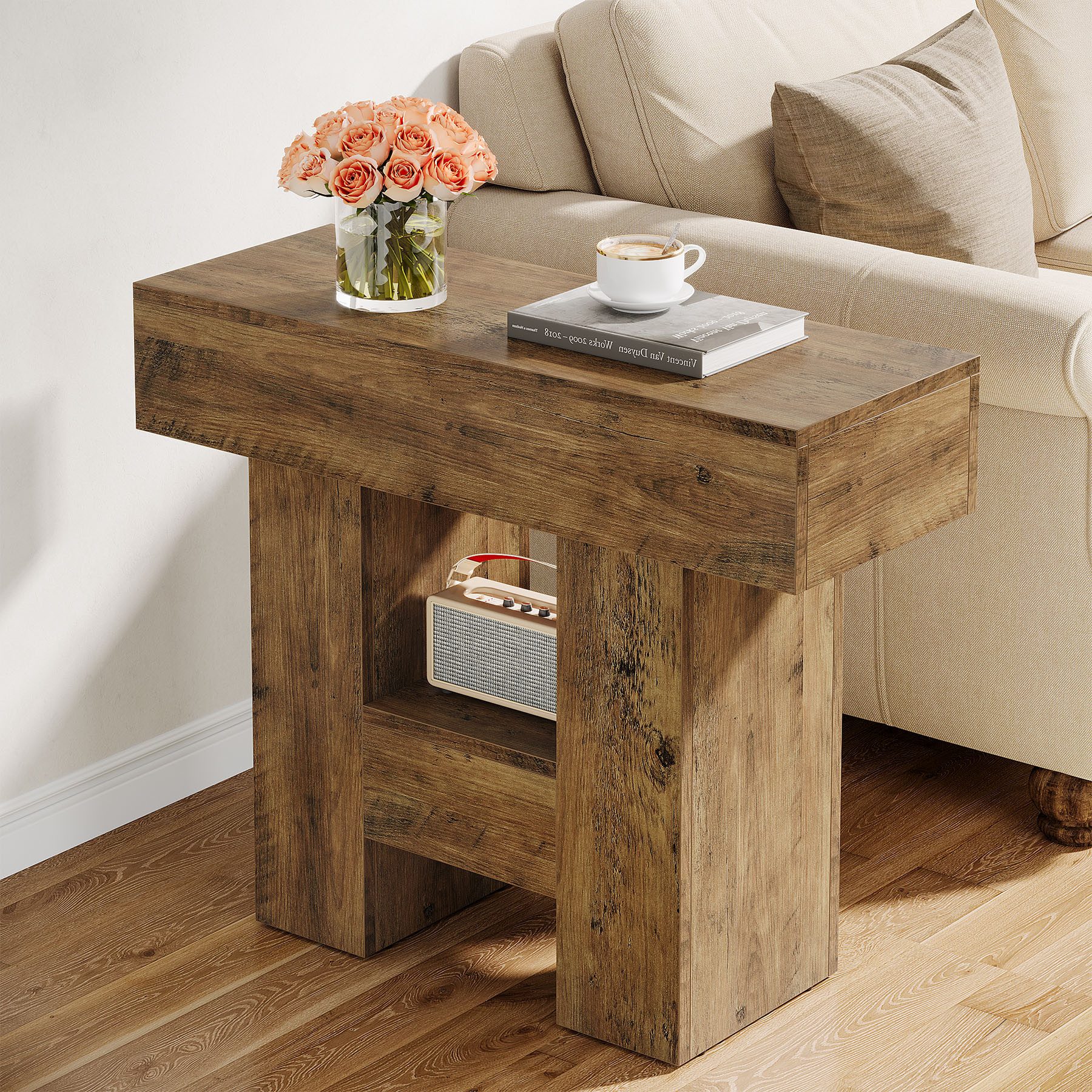 Tribesigns Beistelltisch Couchtisch mit 2 Ablagen, Sofatisch Schmaler Nachttisch Holz, Braun – Bild 2 von 5