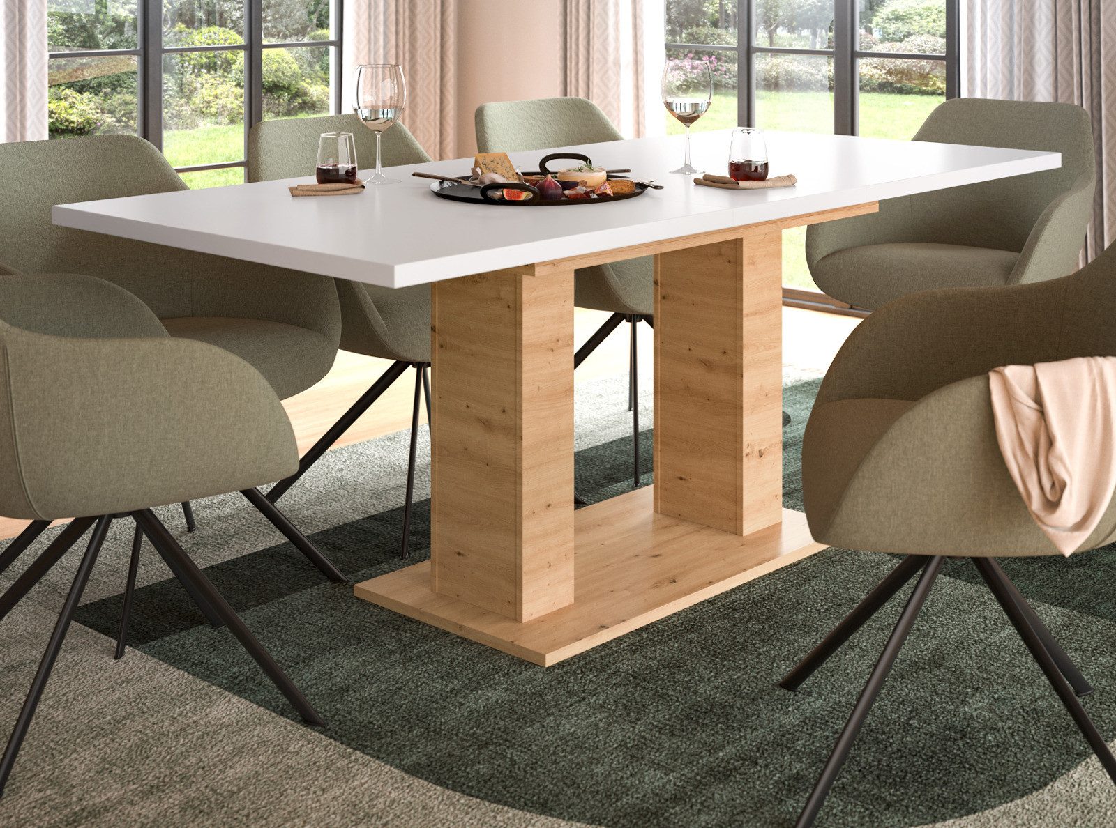 Inn.Furn Säulen-Esstisch Home-X (Küchentisch in Weiß und Eiche Artisan, ausziehbar 150 - 190 cm, bis 8 Personen), mit stabiler Doppel-Säule