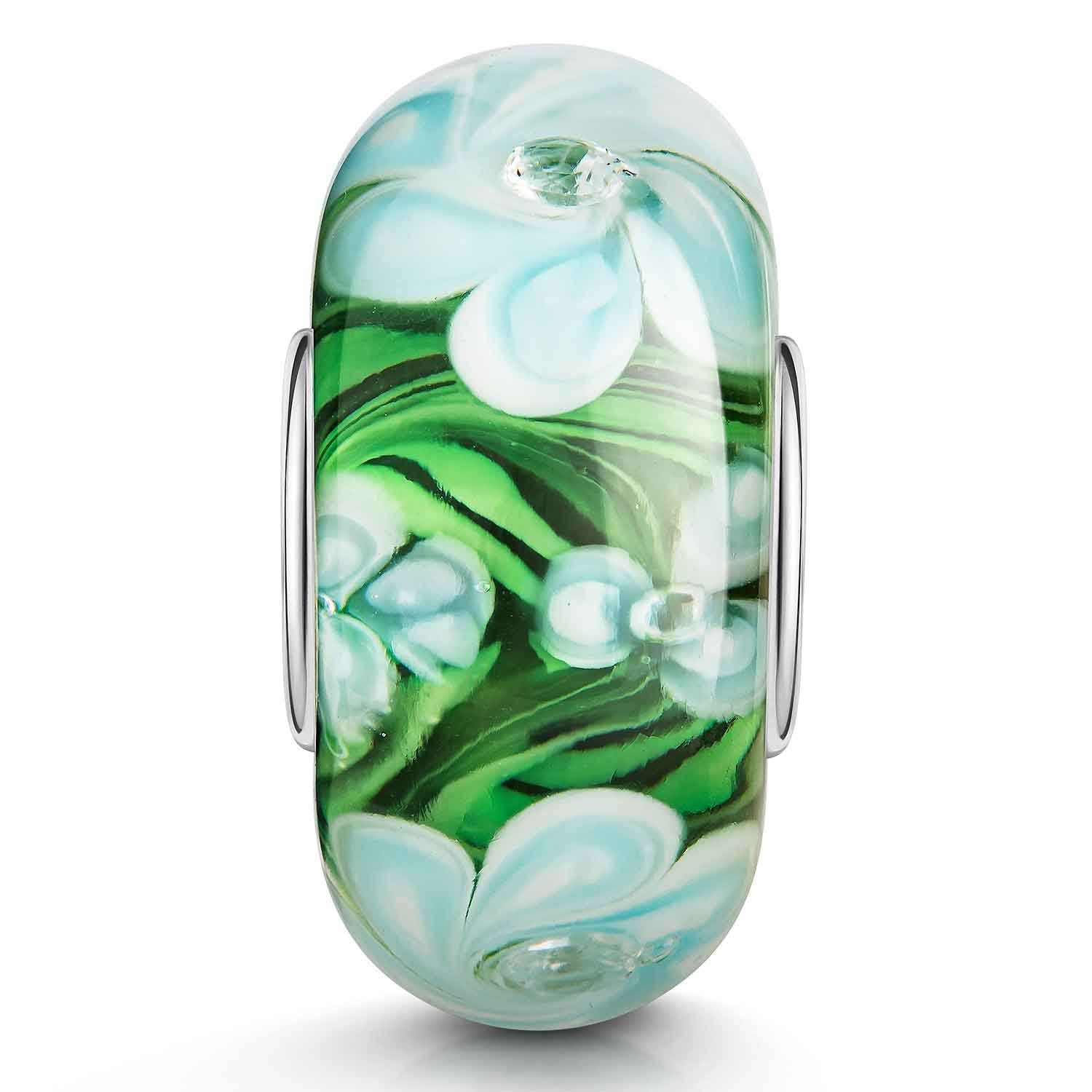 Materia Bead Glas Charm Blumen Blüten Blau und Grün mit Zirkonia 1219, Kern aus 925 Sterling Silber